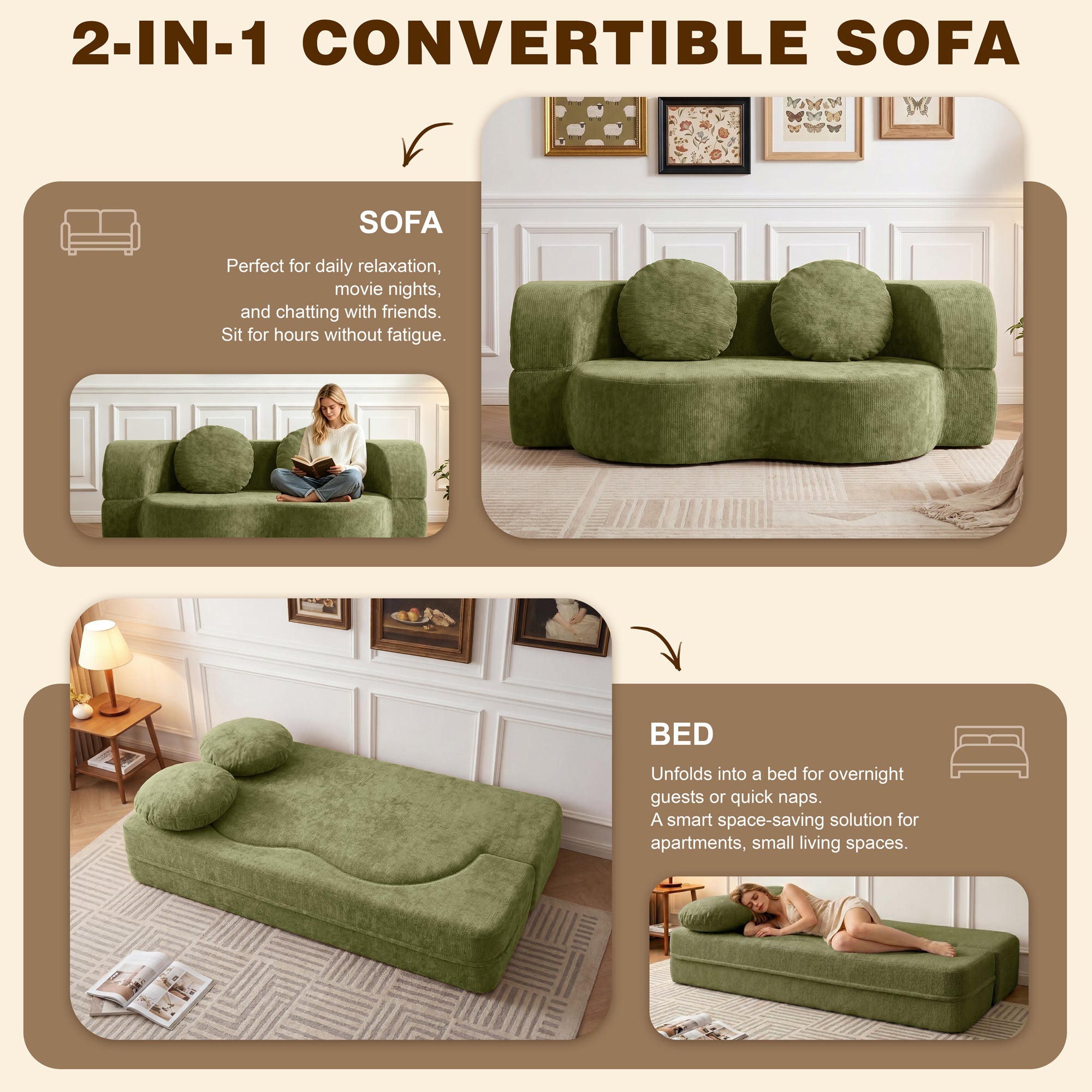 Vongrasig 77” Convertible Sofa Bed, Folding Boneless Couch, Floor Sofa 2-in-1 Curved Couch for Small Living Room, Apartment, Guest Room,