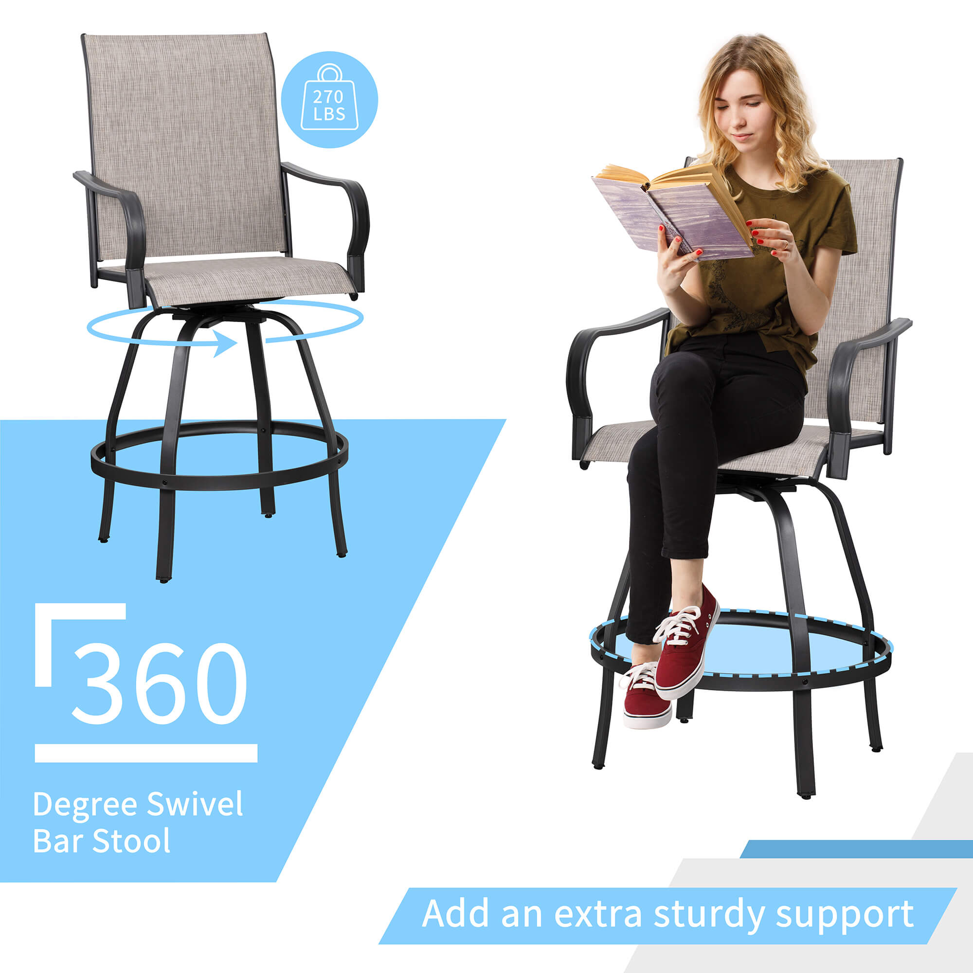 Vongrasig Patio Furniture Outdoor All-Weather Texilene Swivel High Bar Stools Set