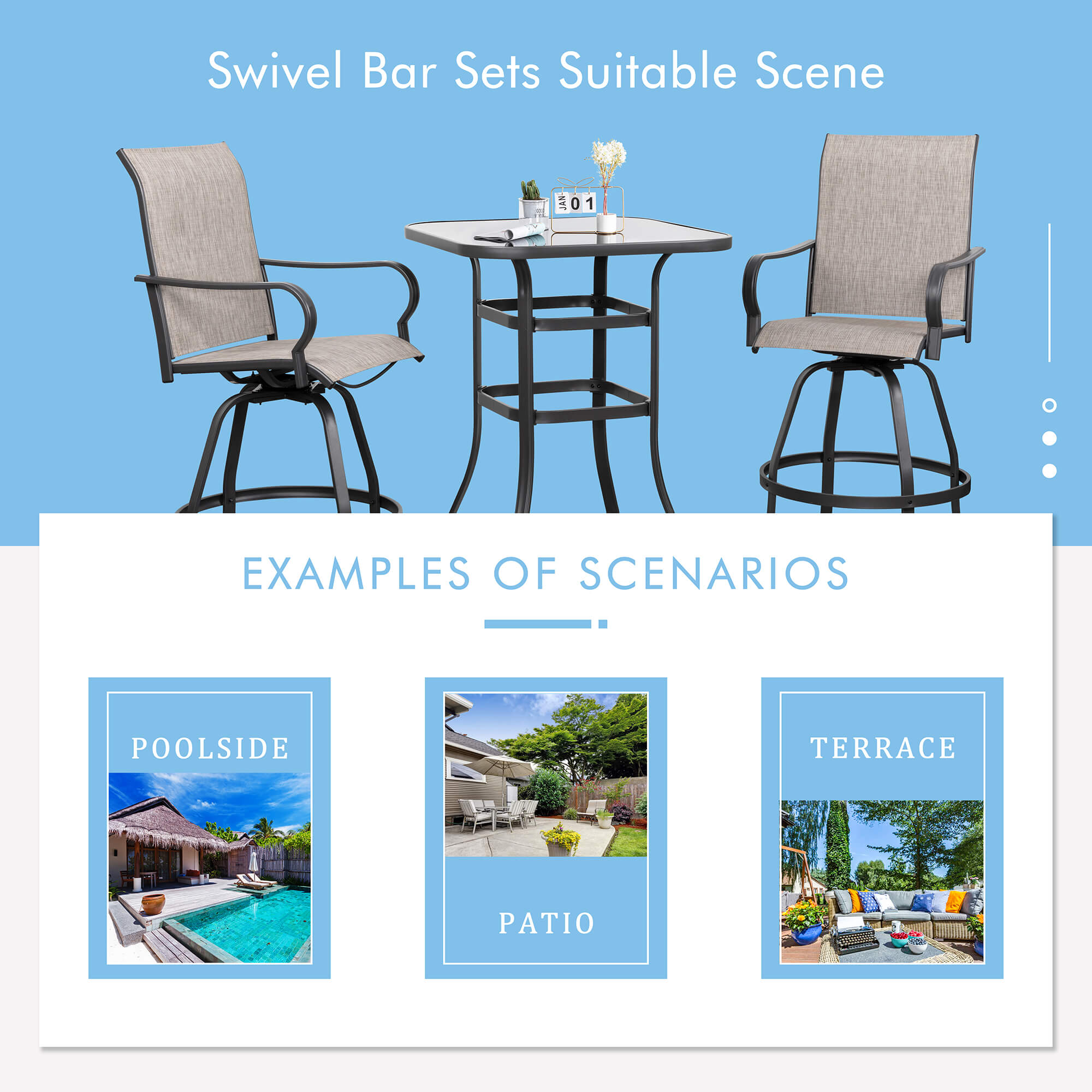 Vongrasig Patio Furniture Outdoor All-Weather Texilene Swivel High Bar Stools Set