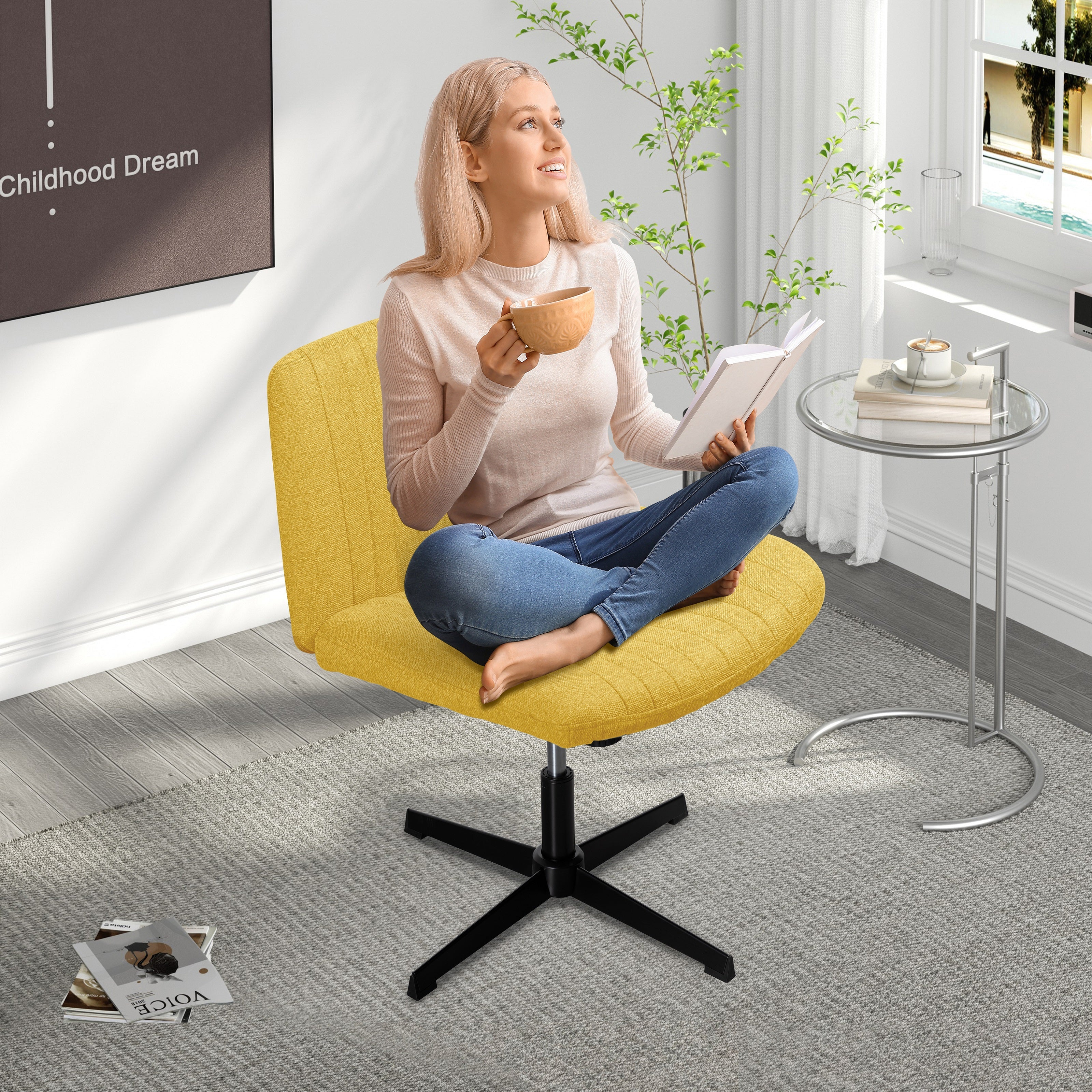 Walsunny Cross Legged Office Chair Armless Wide Chair Cross Legged Office Chair Computer Chair #color_yellow #foot_fixed-foot