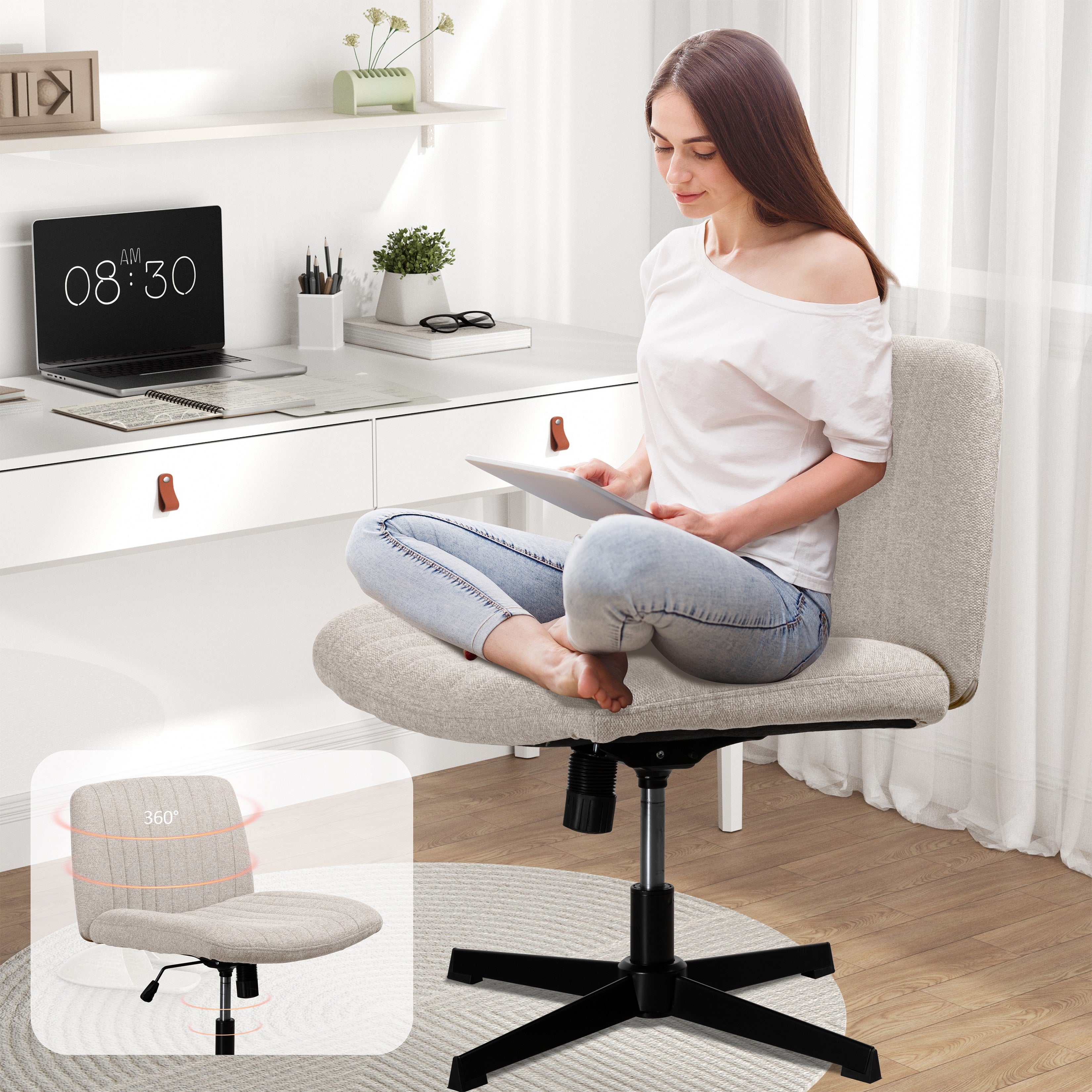 Walsunny Cross Legged Office Chair Armless Wide Chair Cross Legged Office Chair Computer Chair #color_white #foot_fixed-foot