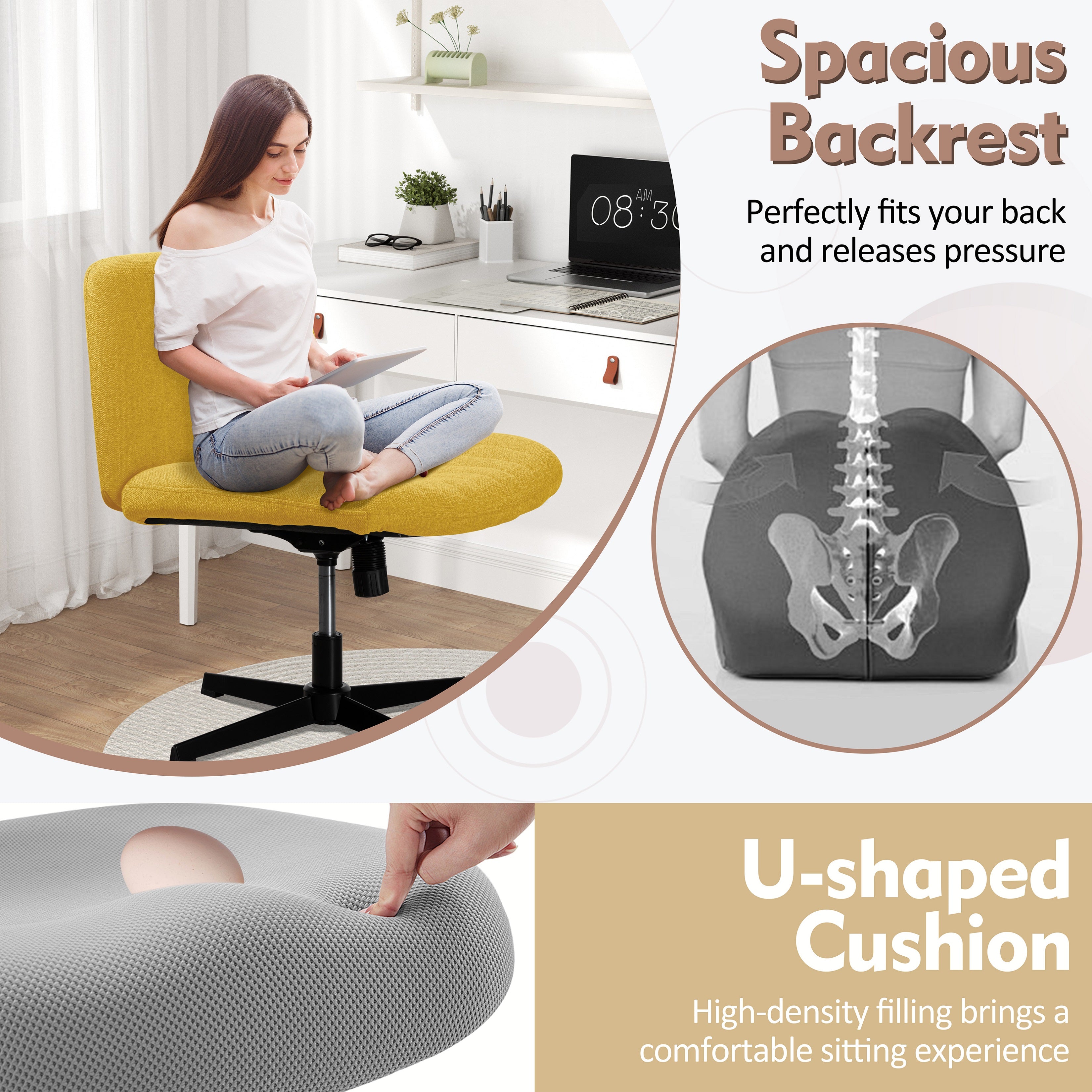 Walsunny Cross Legged Office Chair Armless Wide Chair Cross Legged Office Chair Computer Chair #color_yellow #foot_fixed-foot