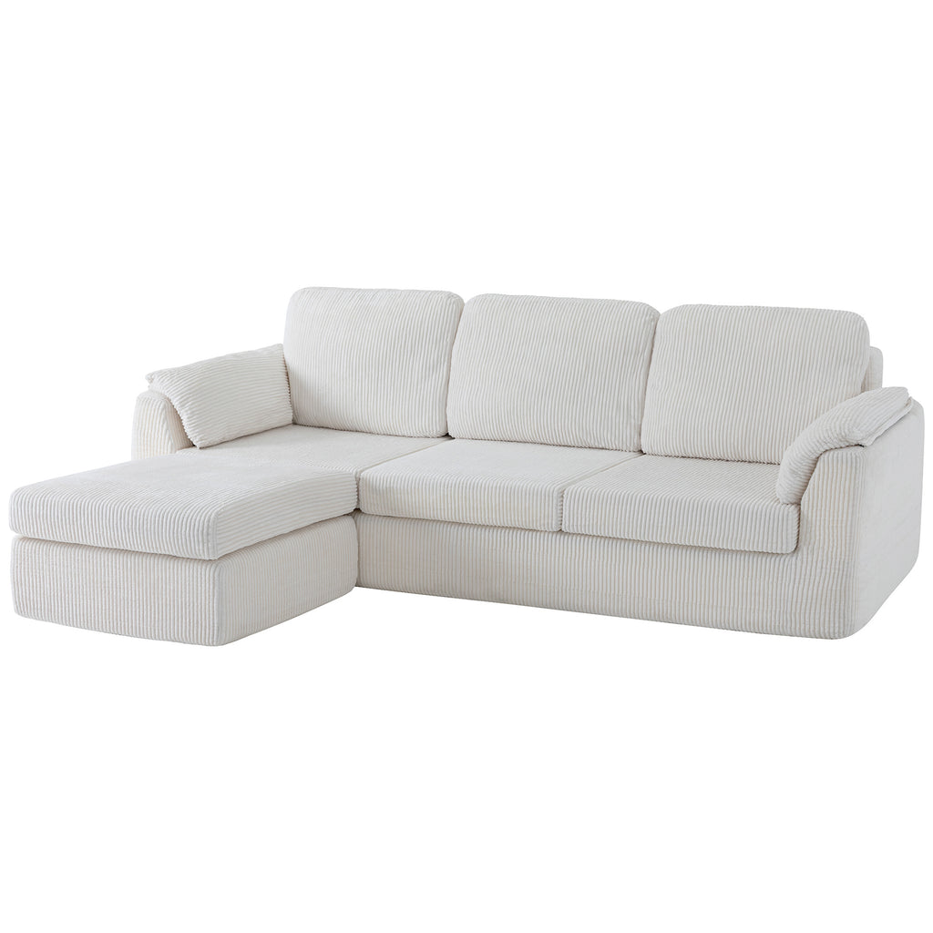 Vongrasig Boneless Convertible Sectional Sofa Couch, 3 Seat L Shaped Sofa with Removable Pillows Plush Corduroy Fabric Small Couches for Living Room, Apartment and Office, White