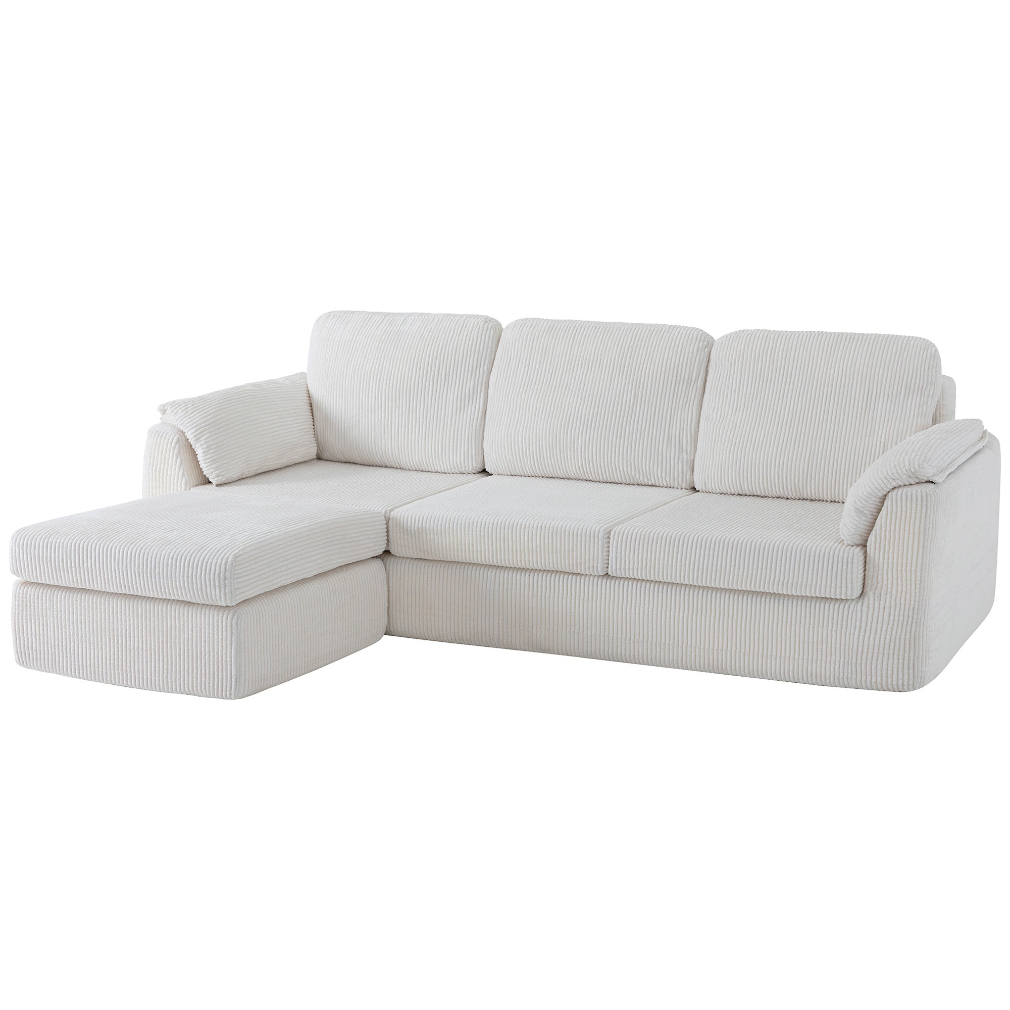 Vongrasig Boneless Convertible Sectional Sofa Couch, 3 Seat L Shaped Sofa with Removable Pillows Plush Corduroy Fabric Small Couches for Living Room, Apartment and Office, White