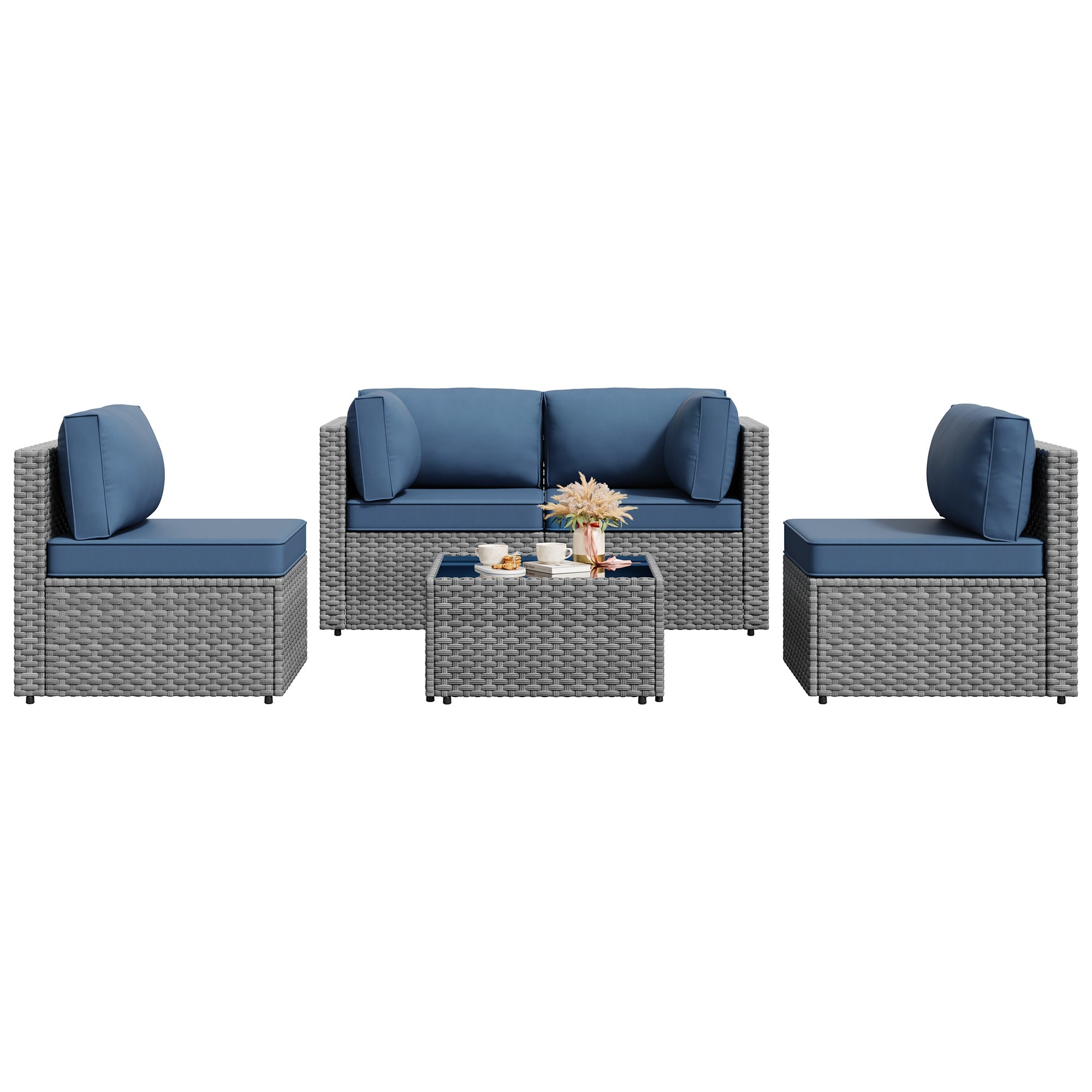 Walsunny Patio Furniture 5 Pieces Outdoor Sectional Sofas, Sliver Wicker