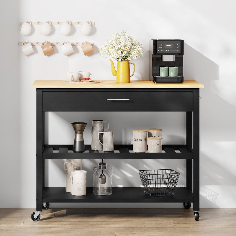Walsunny 40¡®¡¯ Kitchen Island Storage & Bar Cart with Solid Wood Top#color_black (7278481473712)