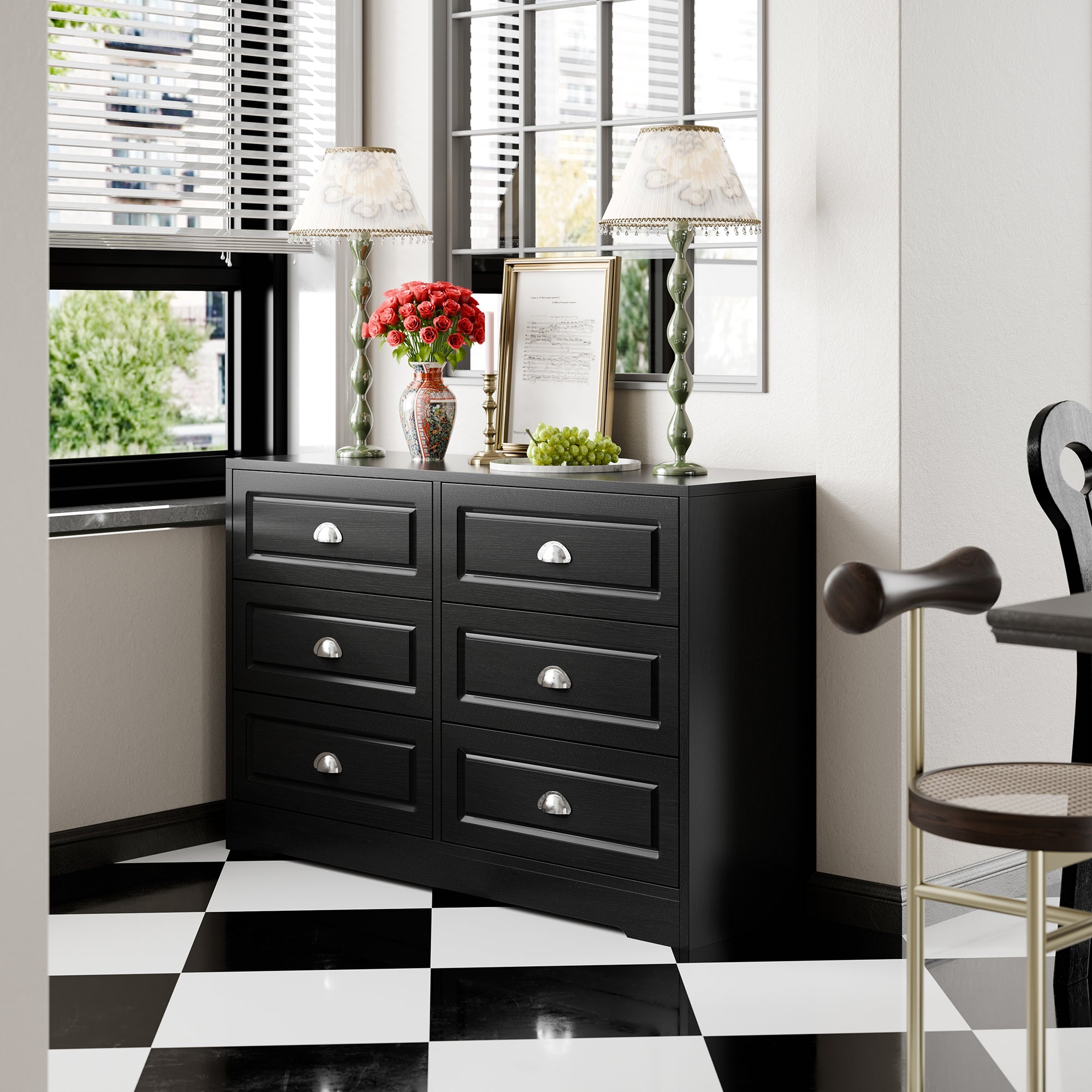 Walsunny 9 Drawer Double Dresser Black Wooden Wide Chest of Drawers with Metal Handles Storage Organizer Dresser Nursery Dresser for Living Room Hallway (7504222027952)