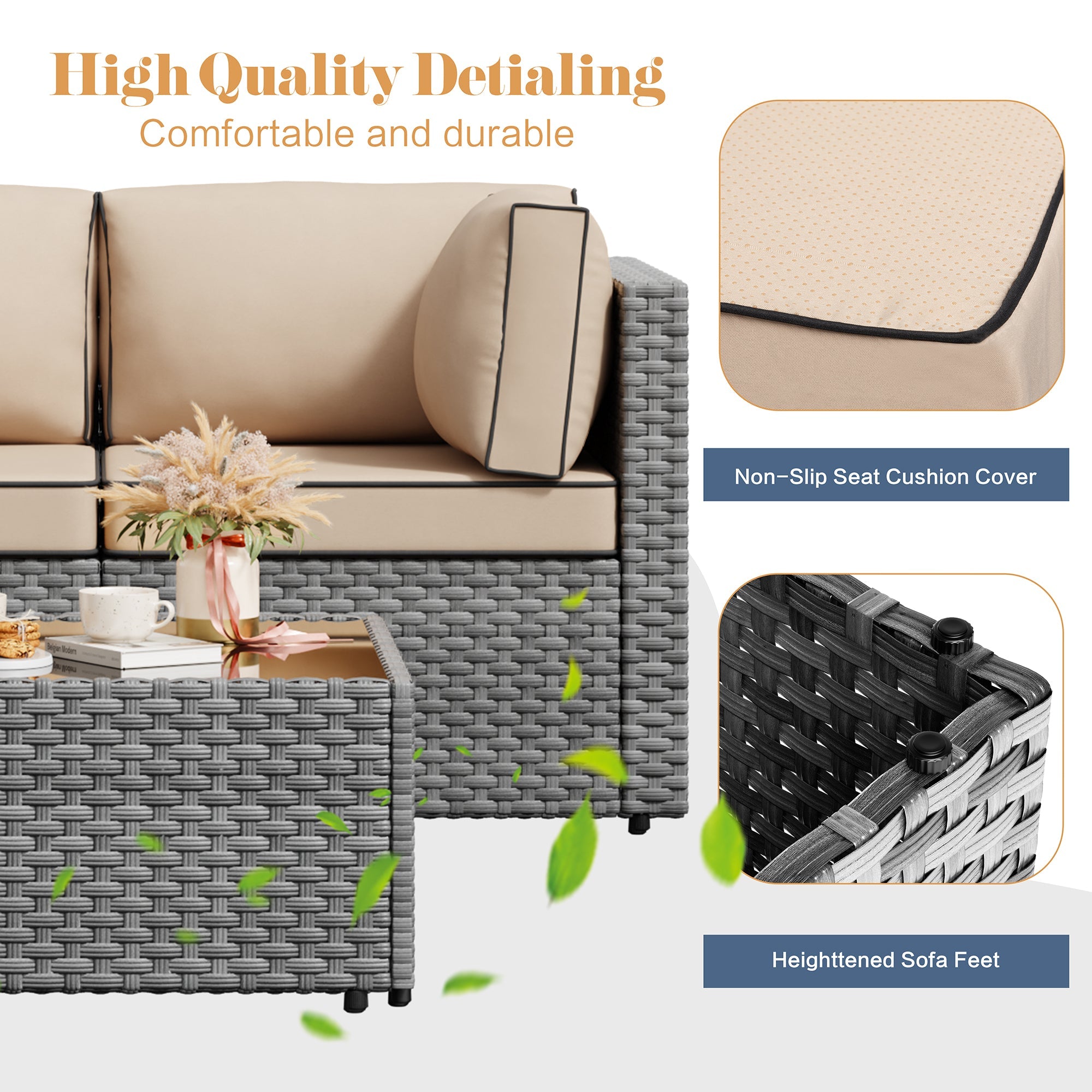 Vongrasig Patio Furniture 5 Pieces Outdoor Sectional Sofas, Sliver Wicker
