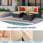Vongrasig 5 Piece Patio Furniture Sets, Outdoor Patio Set Sectional Sofa, All-Weather PE Rattan Outdoor Couch with Ottoman, Glass Table for Garden, Backyard, Porch, Beige