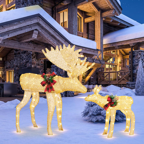 Walsunny  2-Piece Reindeer Christmas Decoration, 4FT Moose Family Outdoor Holiday Christmas Decor, Pre-Lit 170 LED Lights Deer #color_deer-family
