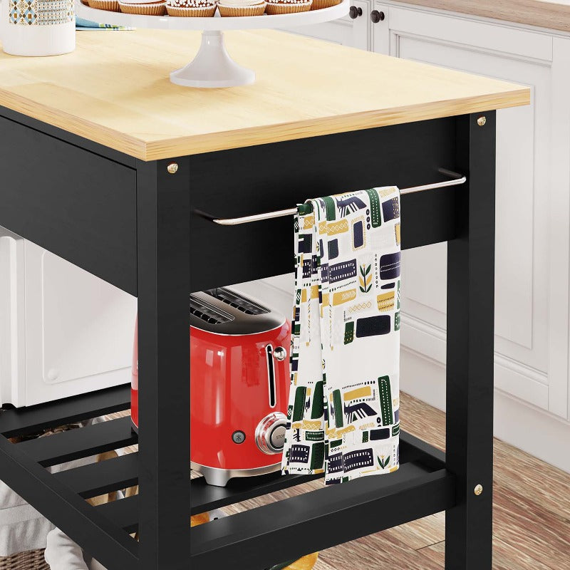 Walsunny 40¡®¡¯ Kitchen Island Storage & Bar Cart with Solid Wood Top#color_black (7278481473712)