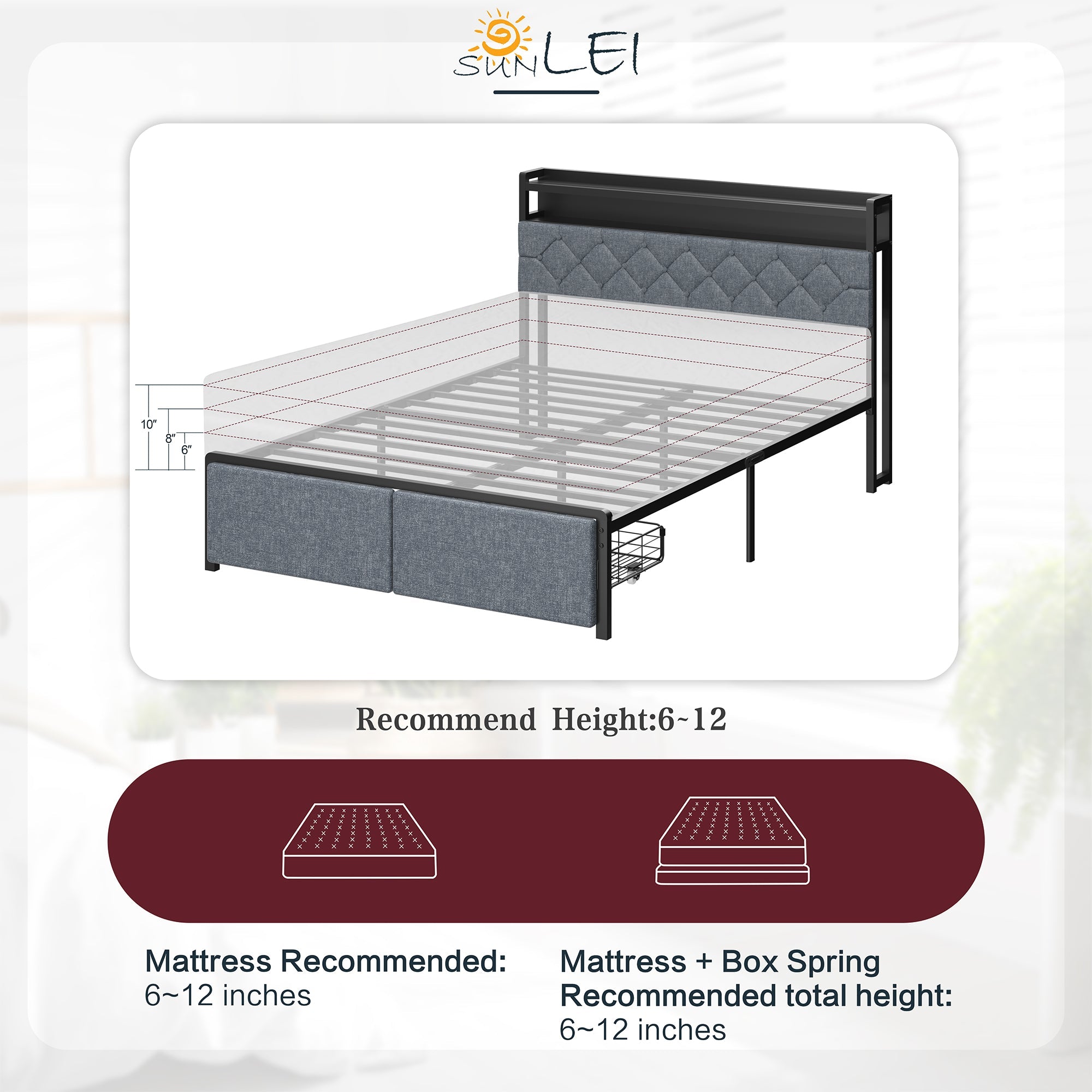 Walsunny Bed Frame with Led Light and 2 Drawers Metal Platform Bed with Button Tufted Headboard Strong Metal Slats (7504175136944)