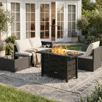 4-Piece Patio Furniture Set with 43" Propane Fire Pit Table, Outdoor Wicker Sectional Sofa Set, All-Weather Conversation Set for Backyard, Poolside, Garden, Grey Cushions