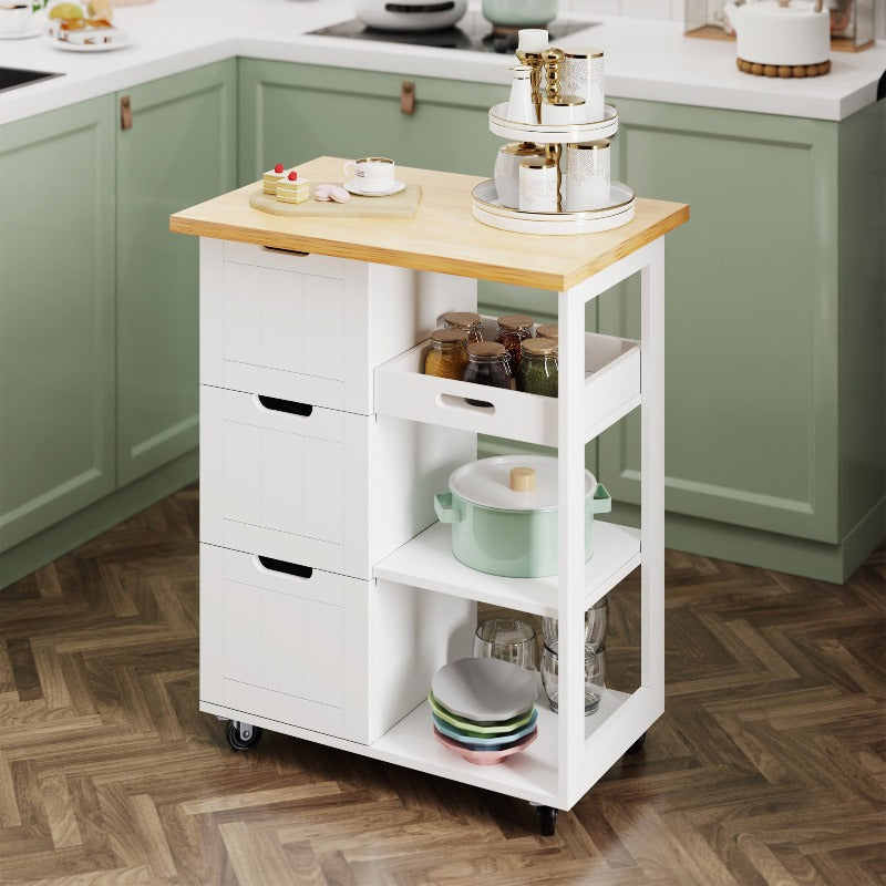 Walsunny 26.57¡®¡¯ Rolling Kitchen Island Storage & Bar Cart with Solid Wood Top#color_white (7278481932464)
