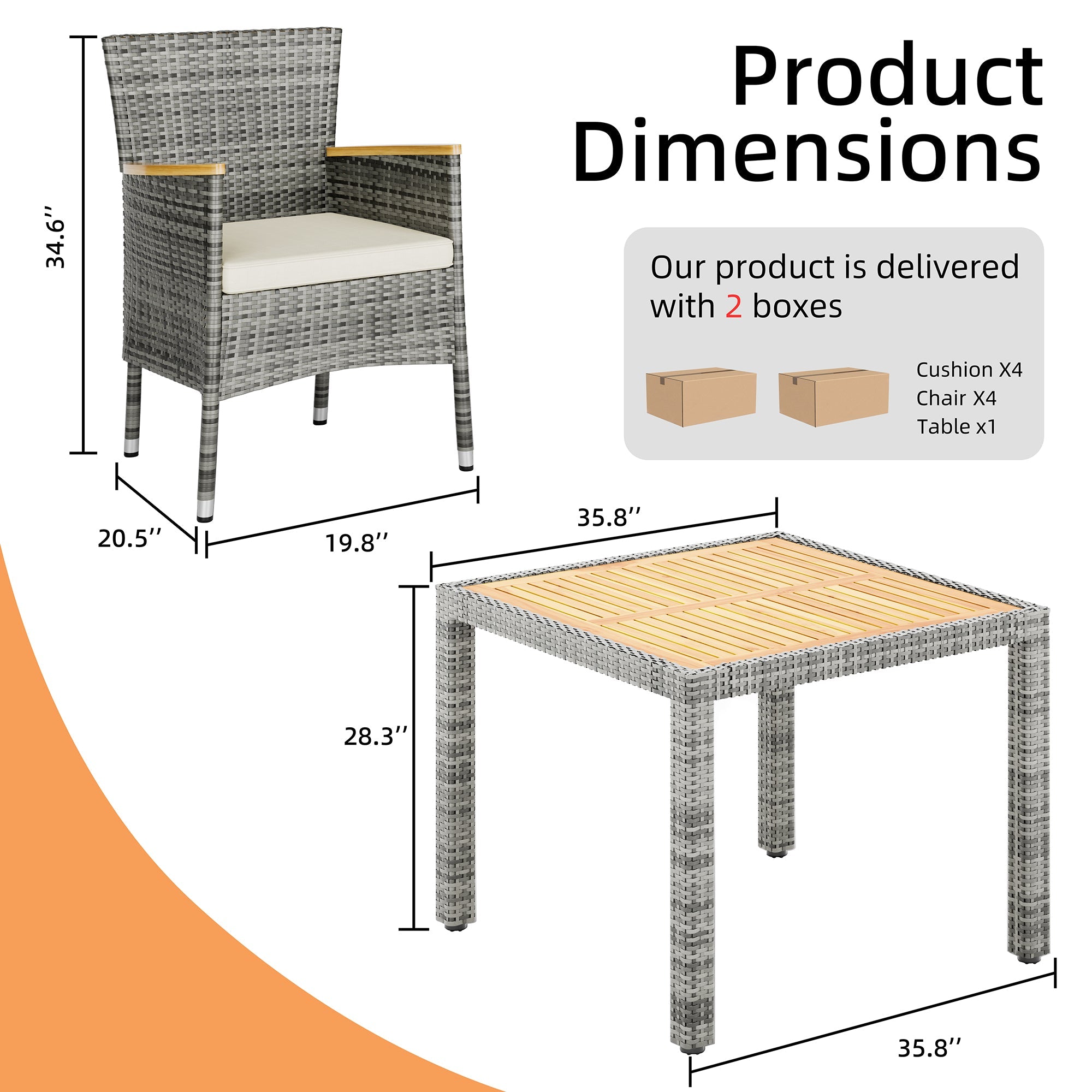 Walsunny 5 Pieces/ 7 Pieces Patio Dining Set, Square Wood Table (7047179927728)