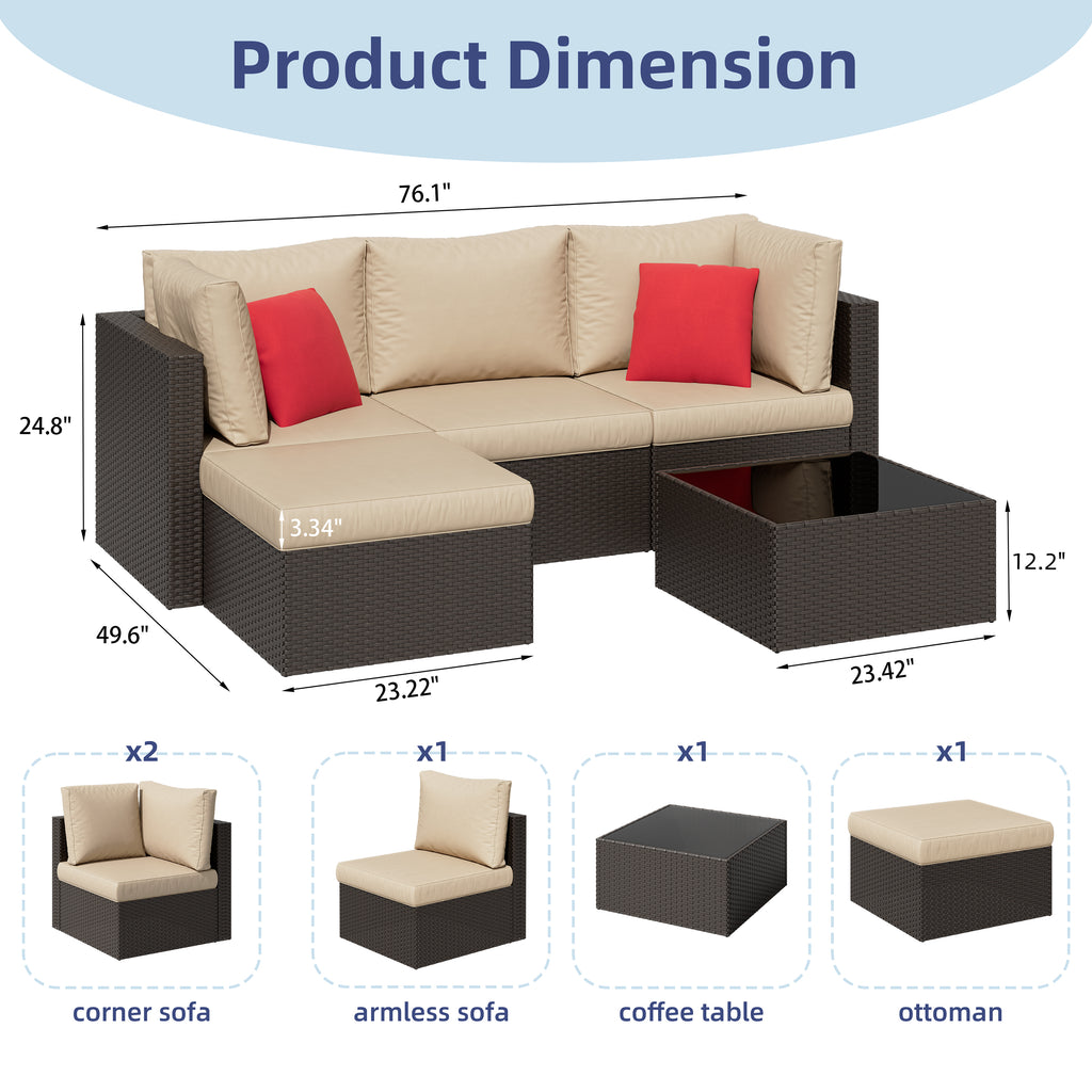 Vongrasig 5 Piece Patio Furniture Sets, Outdoor Patio Set Sectional Sofa, All-Weather PE Rattan Outdoor Couch with Ottoman, Glass Table for Garden, Backyard, Porch, Beige