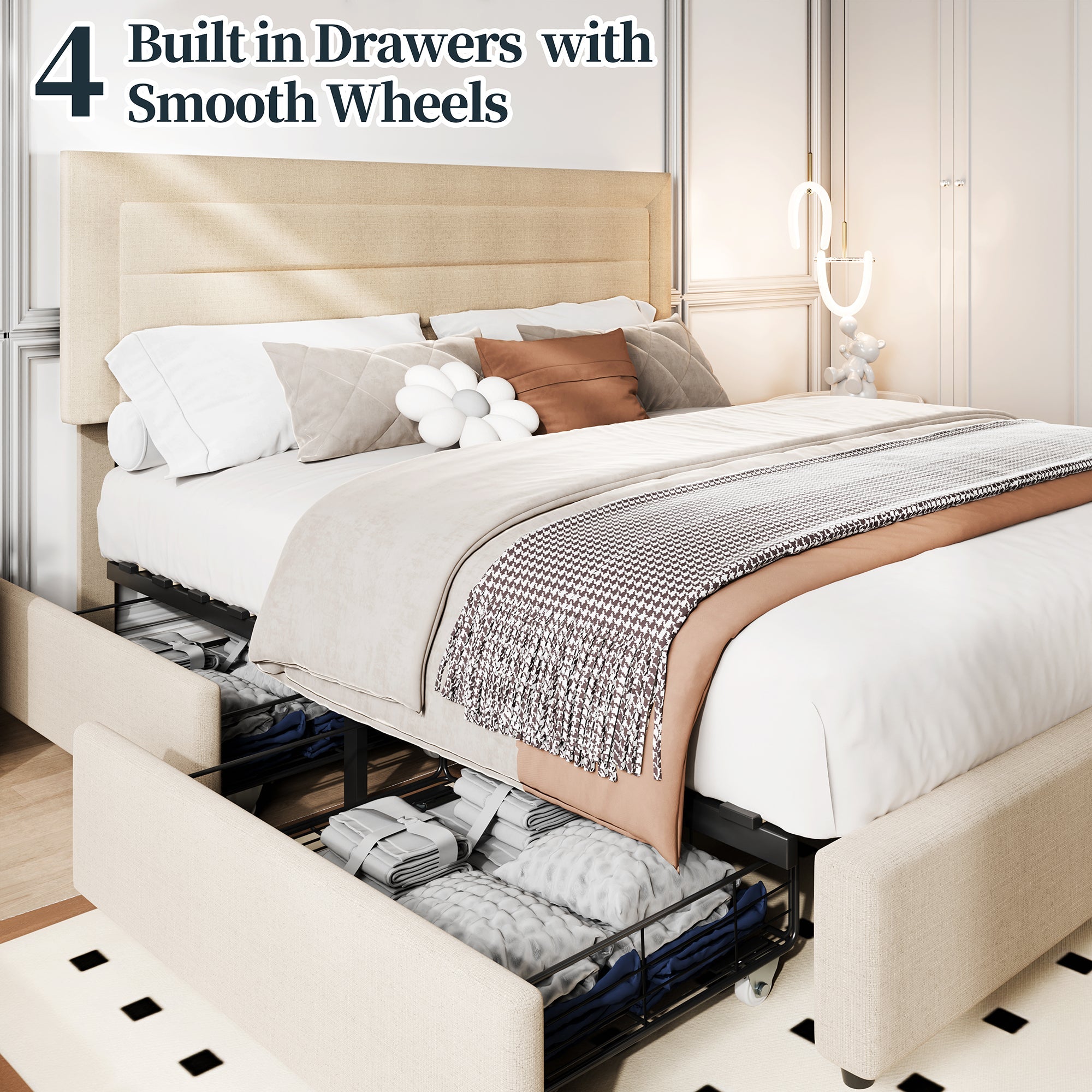 Walsunny Bed Frame with 4 Storage Drawee, Platform Bed with Upholstered Modern Geometric Lines Headboard, Solid Wood Slats Support (7504162390192)