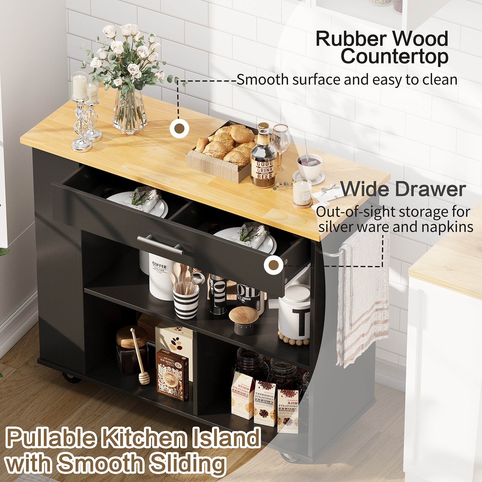 Walsunny Kitchen Island on Wheels with Storage Cabinet, Rolling Cart Kitchen Storage Organizer with/3 Side Spice Rack, 2 Tier Open Shelf for Kitchen (7404396511408)