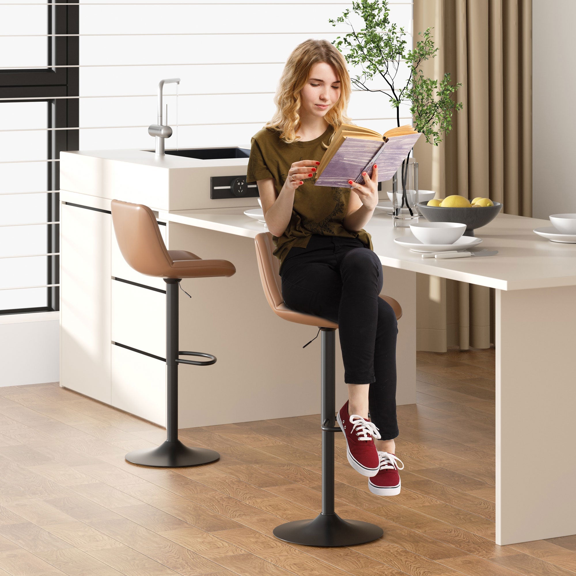 Walsunny Bar Stools Set of 2,Adjustable Leather Counter Height with High Backrest,Bar Chairs for Kitchen Island Dining£¬Room Bar (7562958831792)