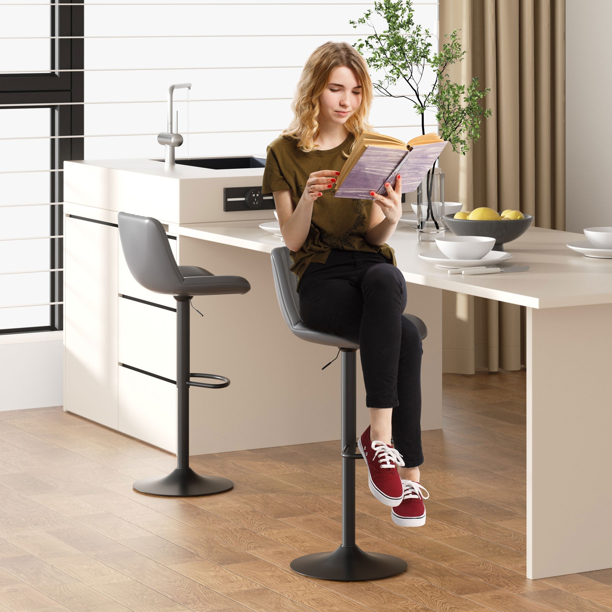 Walsunny Bar Stools Set of 2,Adjustable Leather Counter Height with High Backrest,Bar Chairs for Kitchen Island Dining£¬Room Bar (7562958831792)