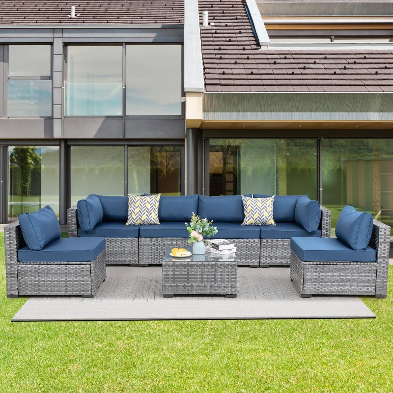 Walsunny Patio Furniture 7 Pieces Outdoor Sectional Sofa Set, Silver Wicker#color_aegean-blue