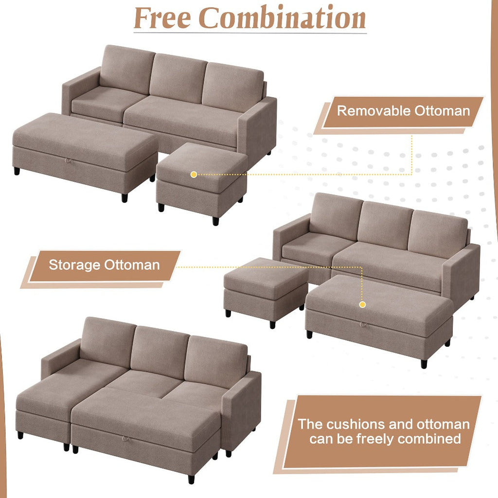 Walsunny Sectional Sofa With Long Storage Ottoman For Small Apartment#color_khaki (7136755155120)