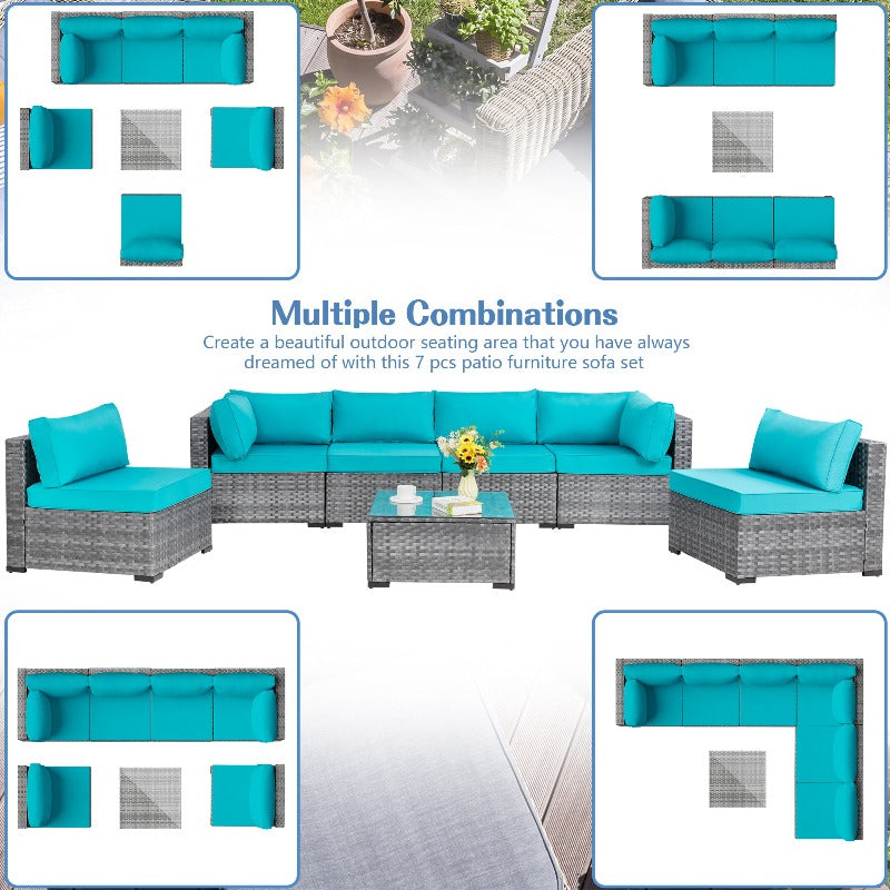 Walsunny Patio Furniture 7 Pieces Outdoor Sectional Sofa Set, Silver Wicker#color_blue