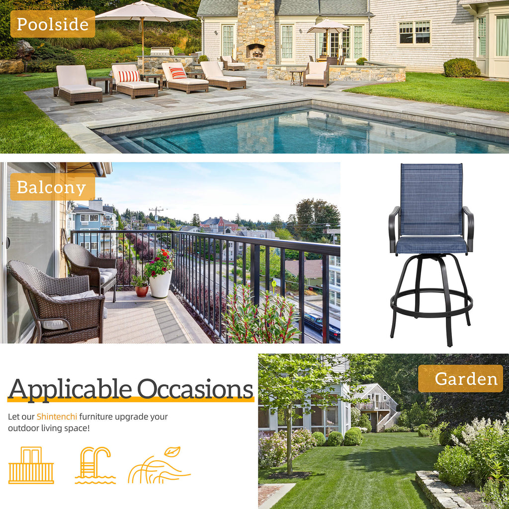Vongrasig Patio Furniture Outdoor All-Weather Texilene Swivel High Bar Stools Set