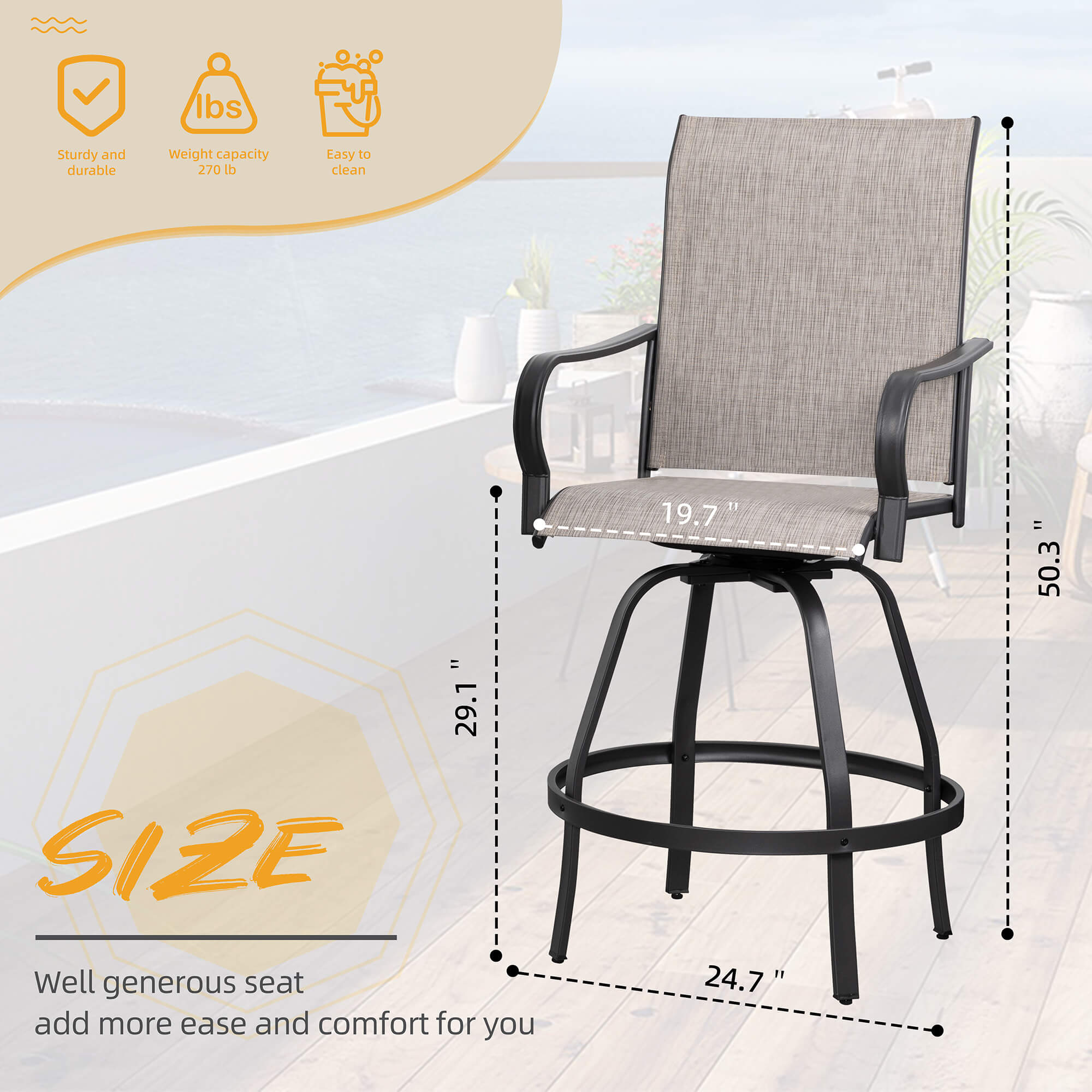 Vongrasig Patio Furniture Outdoor All-Weather Texilene Swivel High Bar Stools Set