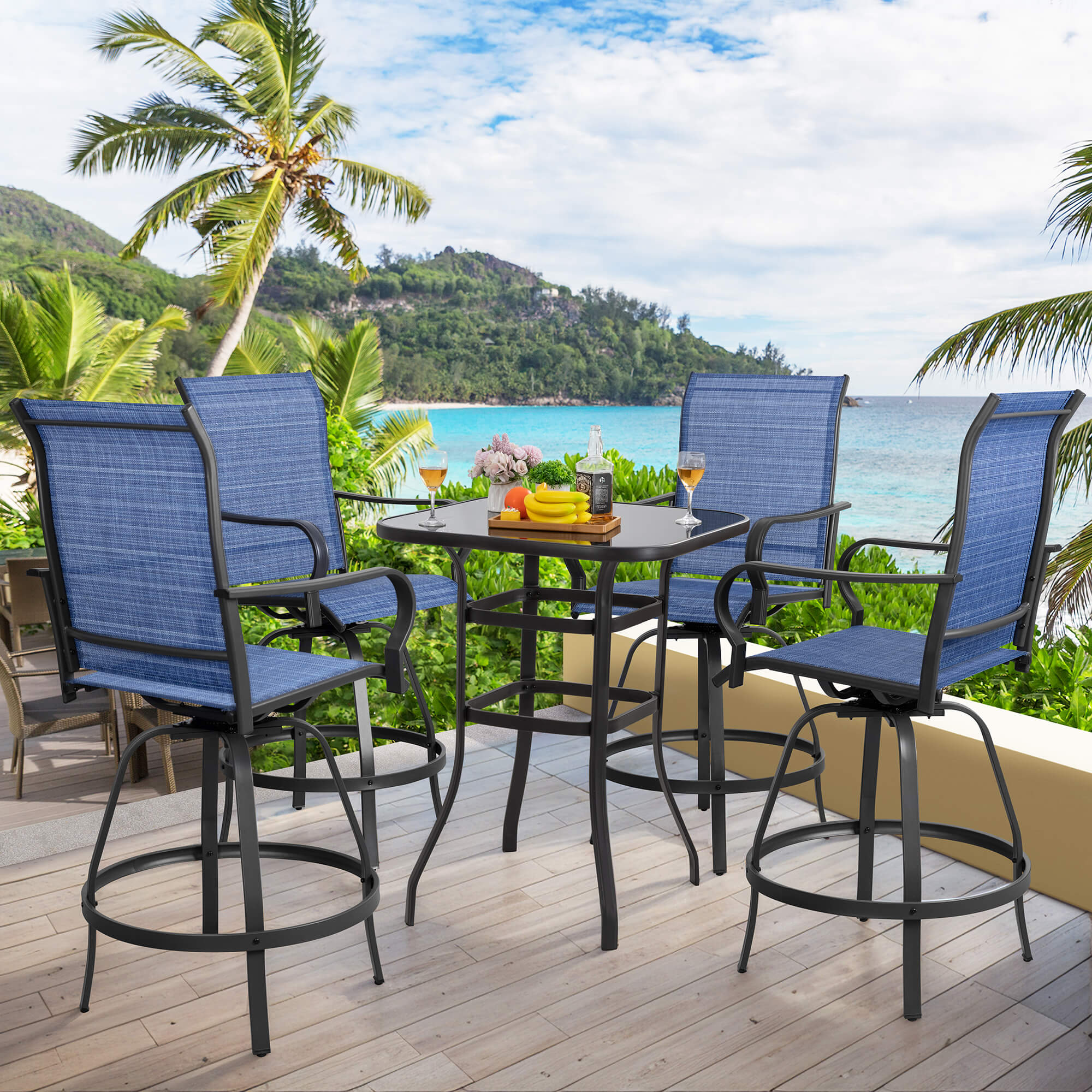Vongrasig Patio Furniture Outdoor All-Weather Texilene Swivel High Bar Stools Set