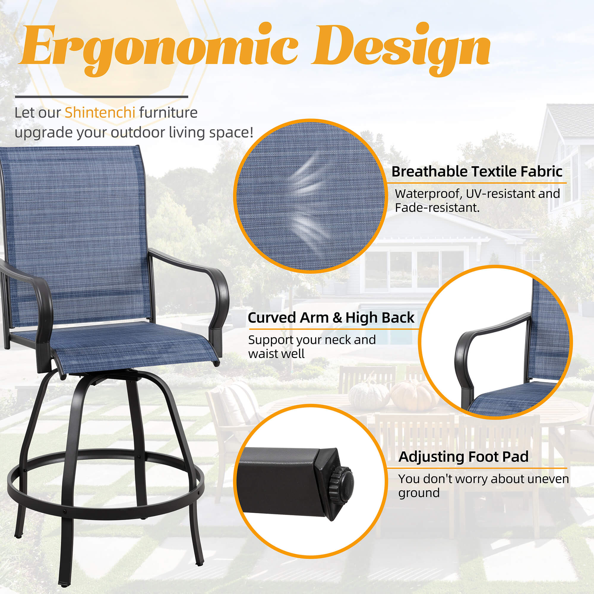 Vongrasig Patio Furniture Outdoor All-Weather Texilene Swivel High Bar Stools Set
