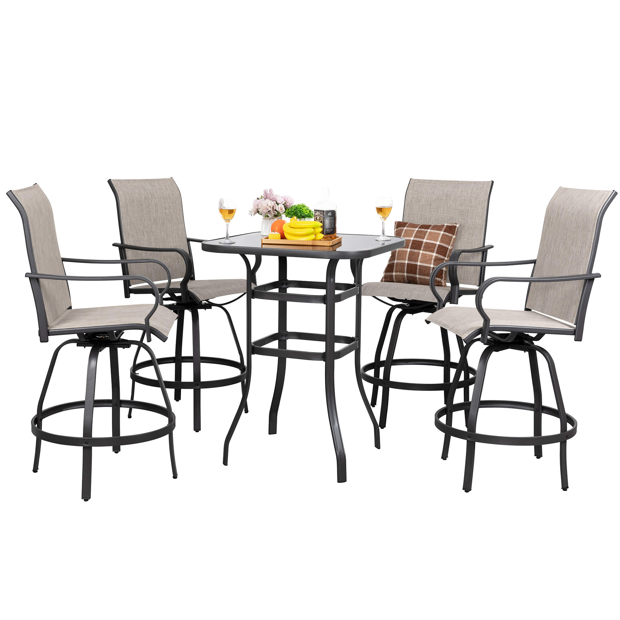 Walsunny Patio Furniture Outdoor All-Weather Texilene Swivel High Bar Stools Set