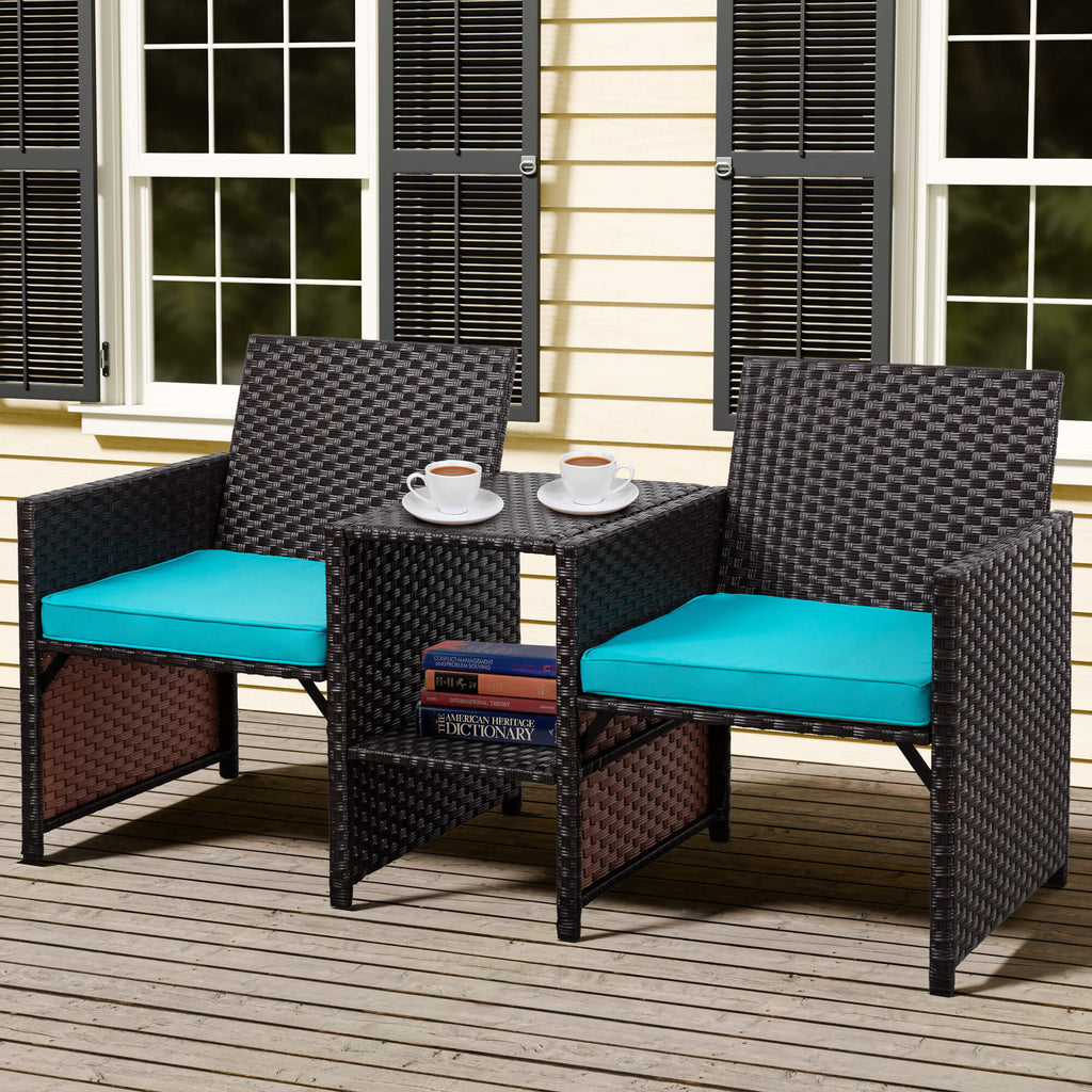 Vongrasig Patio Rattan Conversation Set Seat Sofa Cushioned Loveseat Table Chairs Dark Blue