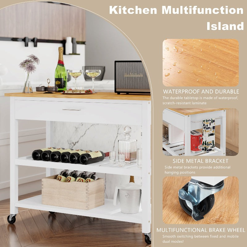 Walsunny 40¡®¡¯ Kitchen Island Storage & Bar Cart with Solid Wood Top#color_white (7278481473712)