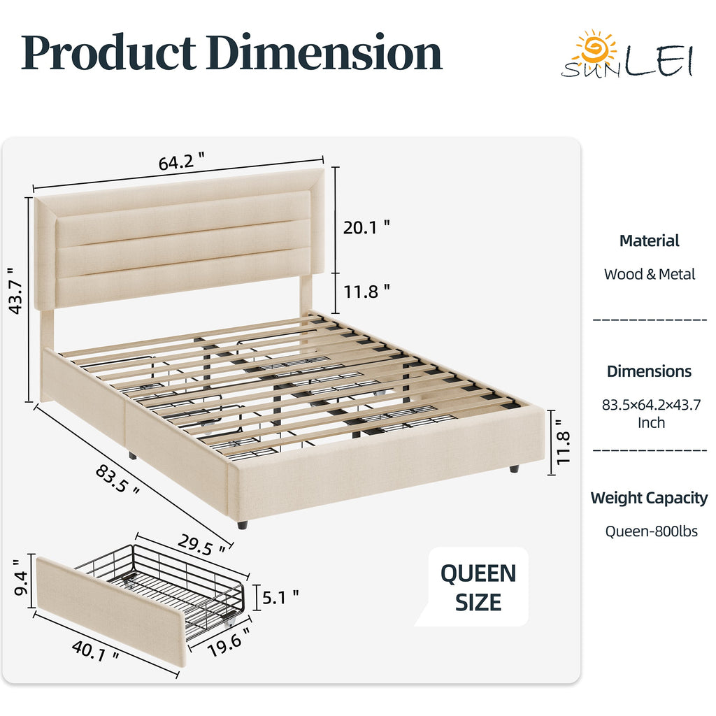 Walsunny Bed Frame with 4 Storage Drawee, Platform Bed with Upholstered Modern Geometric Lines Headboard, Solid Wood Slats Support (7504162390192)
