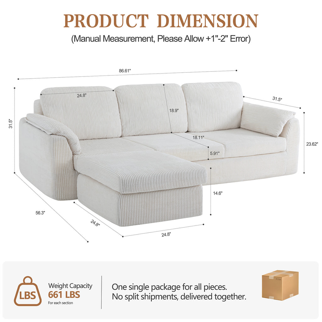 Vongrasig Boneless Convertible Sectional Sofa Couch, 3 Seat L Shaped Sofa with Removable Pillows Plush Corduroy Fabric Small Couches for Living Room, Apartment and Office, White