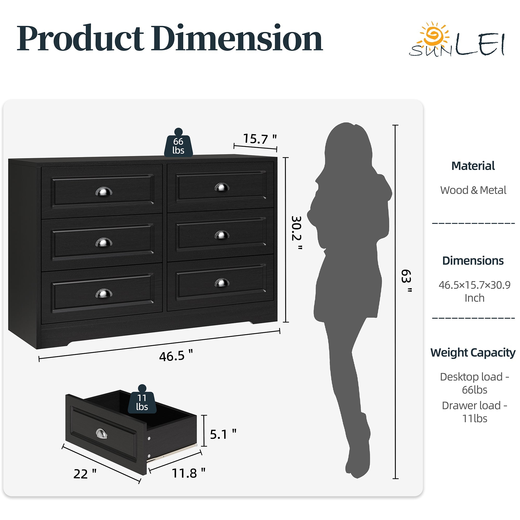Walsunny 9 Drawer Double Dresser Black Wooden Wide Chest of Drawers with Metal Handles Storage Organizer Dresser Nursery Dresser for Living Room Hallway (7504222027952)
