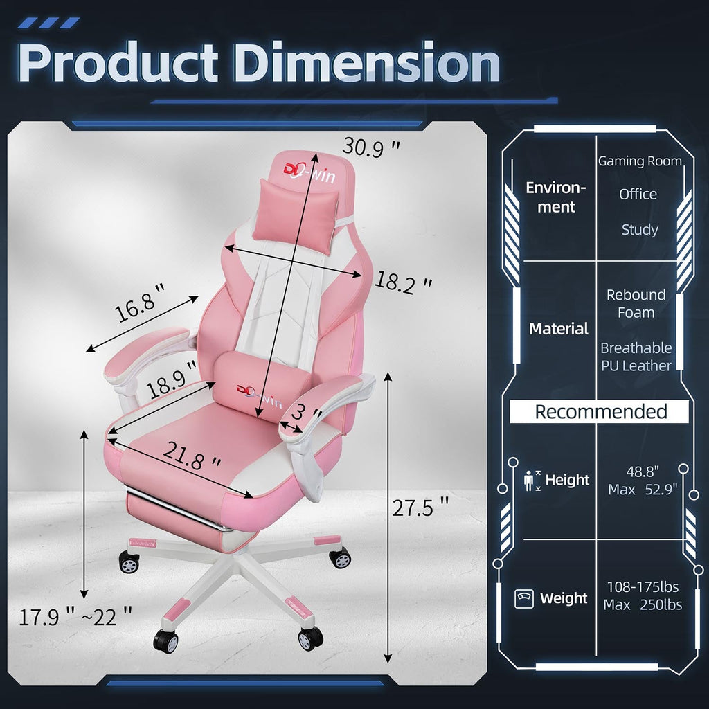 Gaming Chairs  Walsunny Gaming Chairs with Footrest, Massage Leather Game Chair for Adults Big and Tall Gamer Chair with Headrest and Lumbar Support with Ergonomic PU Leather   #color_pink