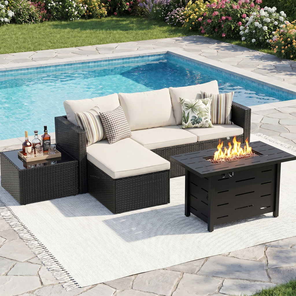 4-Piece Patio Furniture Set with 43" Propane Fire Pit Table, Outdoor Wicker Sectional Sofa Set, All-Weather Conversation Set for Backyard, Poolside, Garden, Grey Cushions
