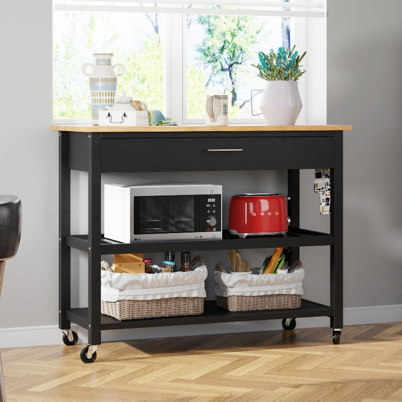 Walsunny 40¡®¡¯ Kitchen Island Storage & Bar Cart with Solid Wood Top#color_black (7278481473712)
