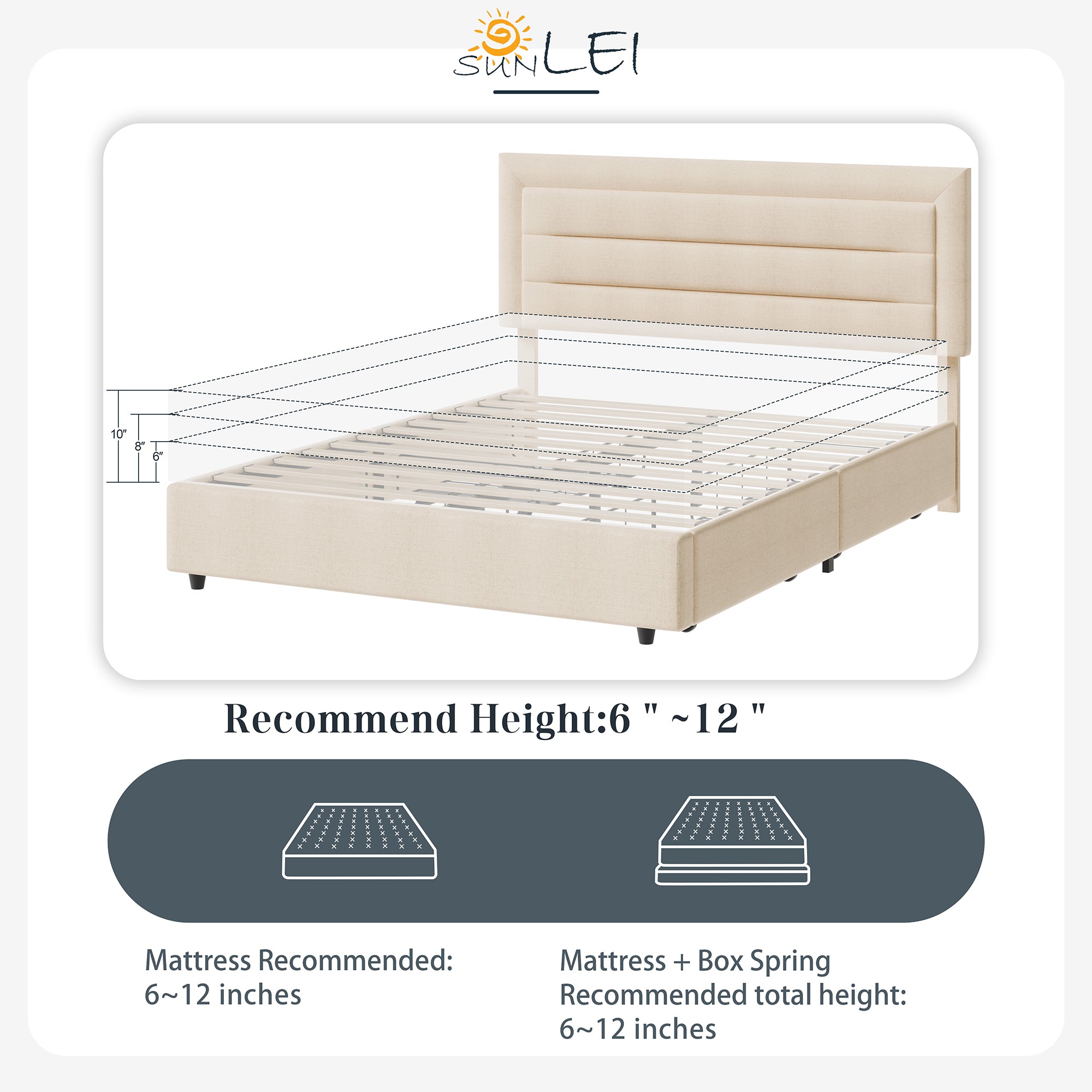 Walsunny Bed Frame with 4 Storage Drawee, Platform Bed with Upholstered Modern Geometric Lines Headboard, Solid Wood Slats Support (7504162390192)