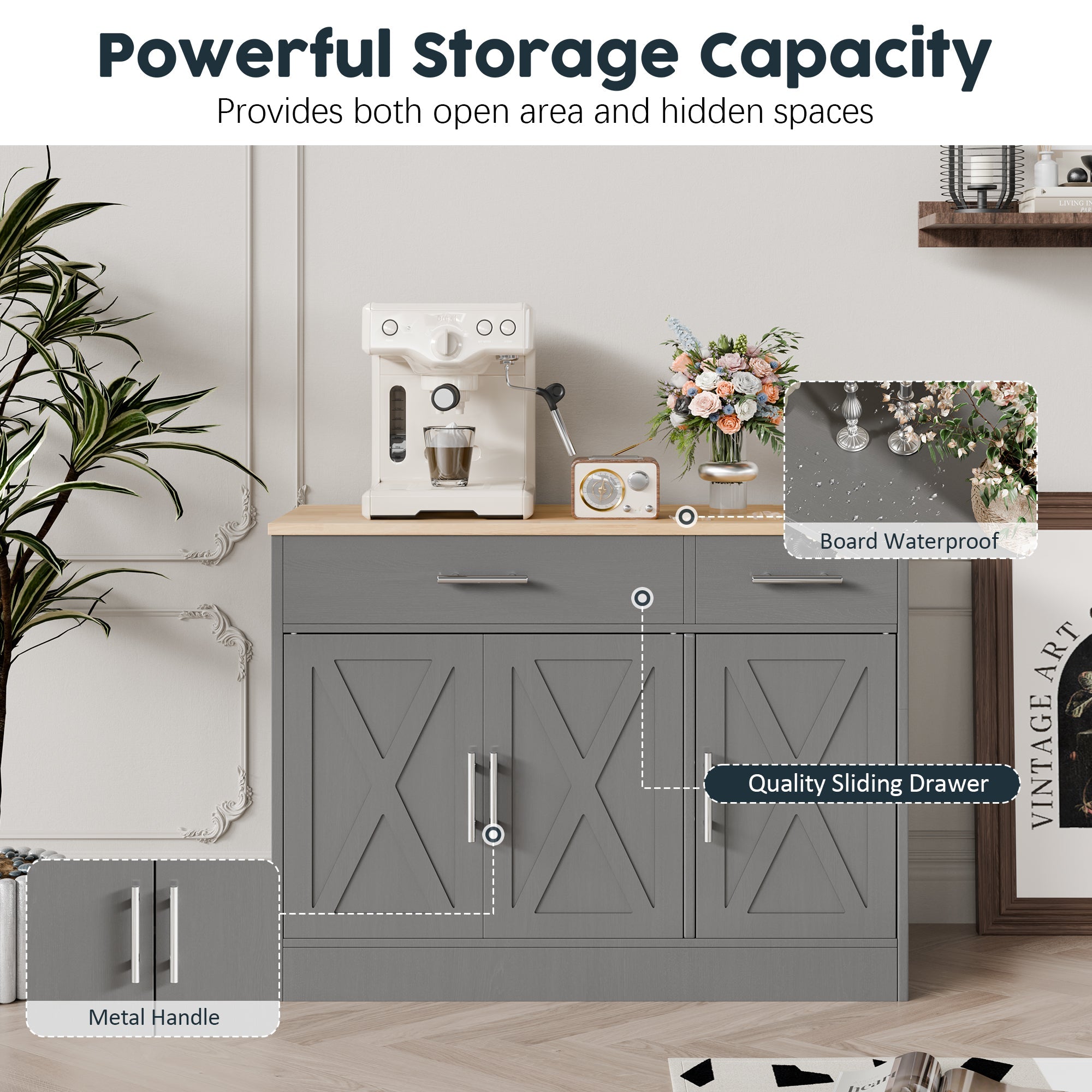Walsunny Kitchen Buffet Sideboard Cabinet with Adjustable Shelf,Wooden Storage Cabinet with 3 Doors and 2 Drawers,Modern Farmhouse Coffee Bar Cabinet with Storage for Kitchen/Living Room (7612679061680)