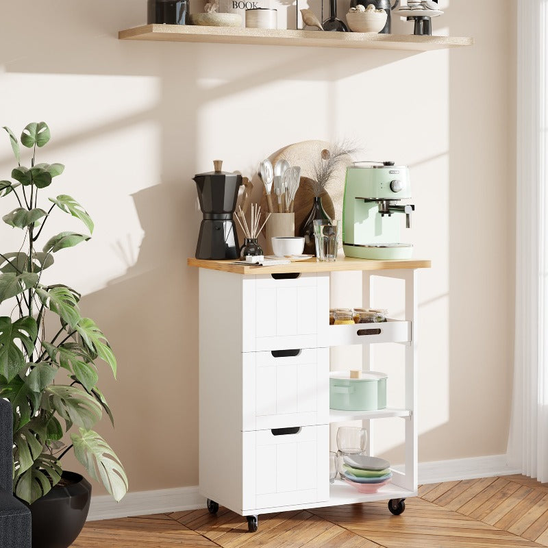 Walsunny 26.57¡®¡¯ Rolling Kitchen Island Storage & Bar Cart with Solid Wood Top#color_white (7278481932464)