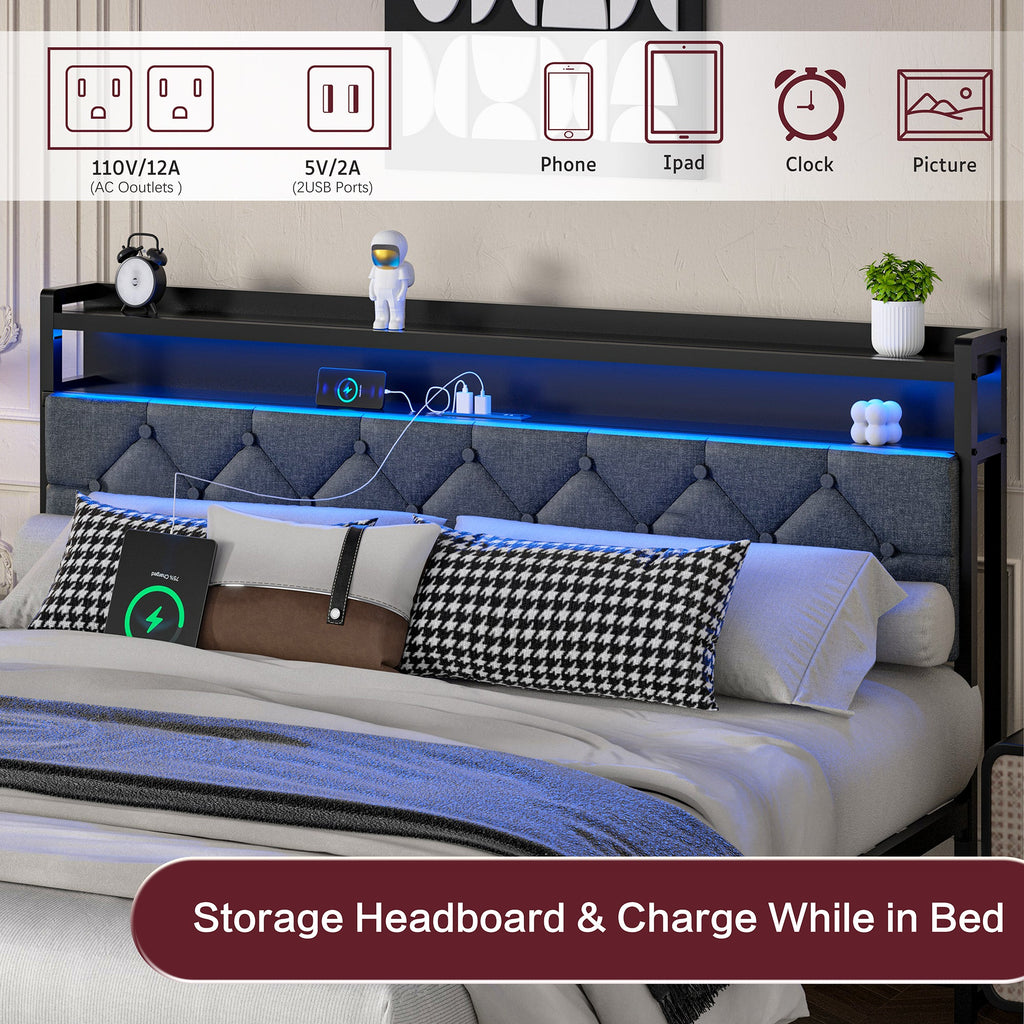 Walsunny Bed Frame with Led Light and 2 Drawers Metal Platform Bed with Button Tufted Headboard Strong Metal Slats (7504175136944)