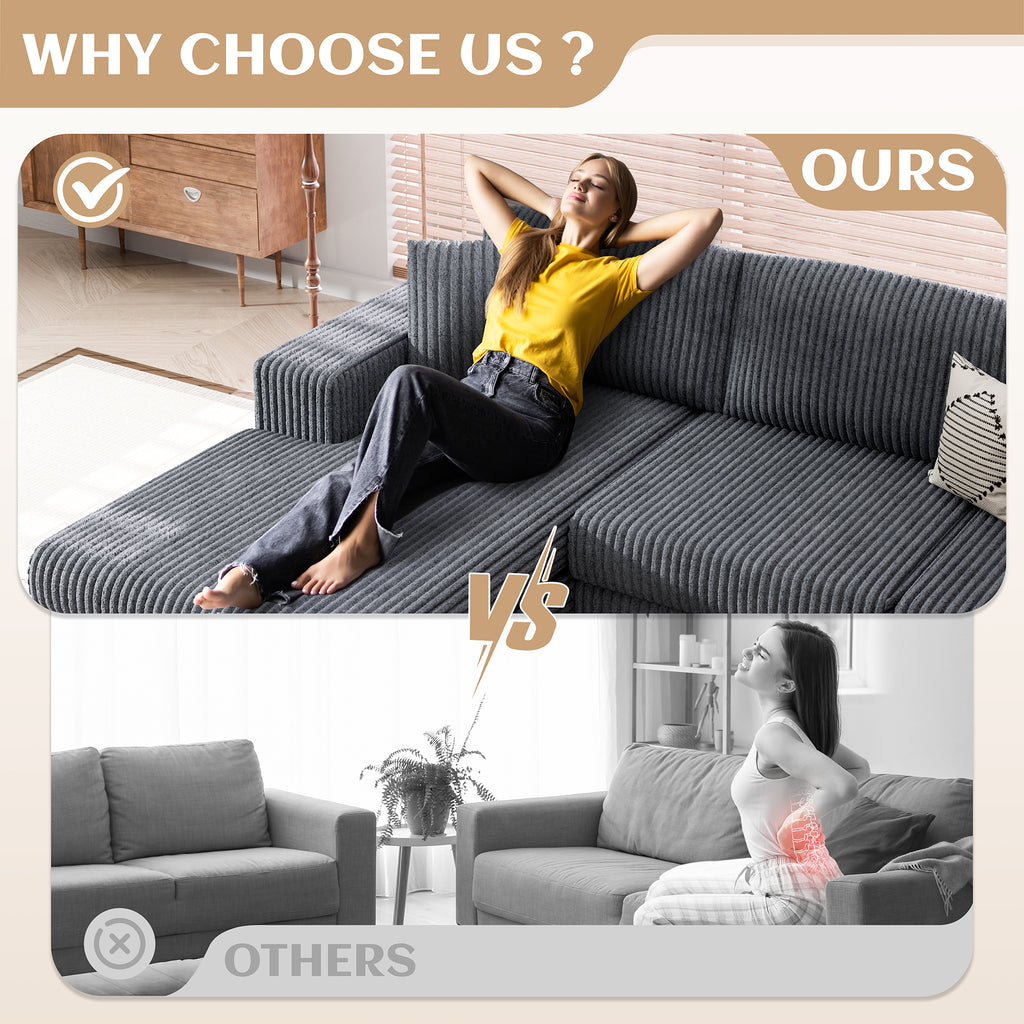 Vongrasig 105" Boneless Couches for Living Room, Sectional Couches Modular Sofa with L-Shaped Chaise, Memory Foam Comfy Cloud Couch with Plush Corduroy Fabric, No Assembly Required, Black