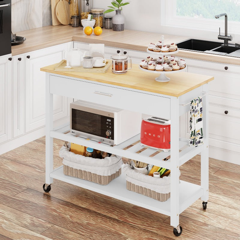 Walsunny 40¡®¡¯ Kitchen Island Storage & Bar Cart with Solid Wood Top#color_white (7278481473712)