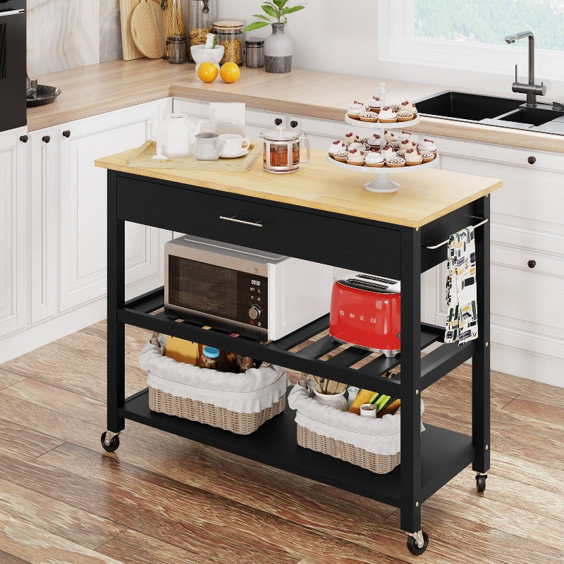 Walsunny 40¡®¡¯ Kitchen Island Storage & Bar Cart with Solid Wood Top#color_black (7278481473712)