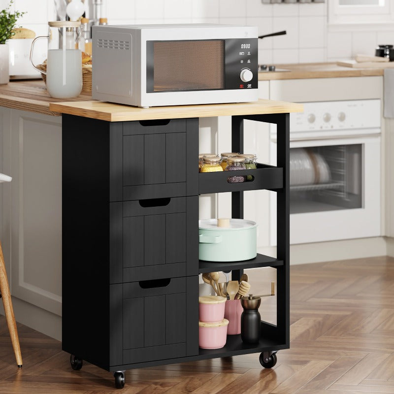 Walsunny 26.57¡®¡¯ Rolling Kitchen Island Storage & Bar Cart with Solid Wood Top#color_black (7278481932464)