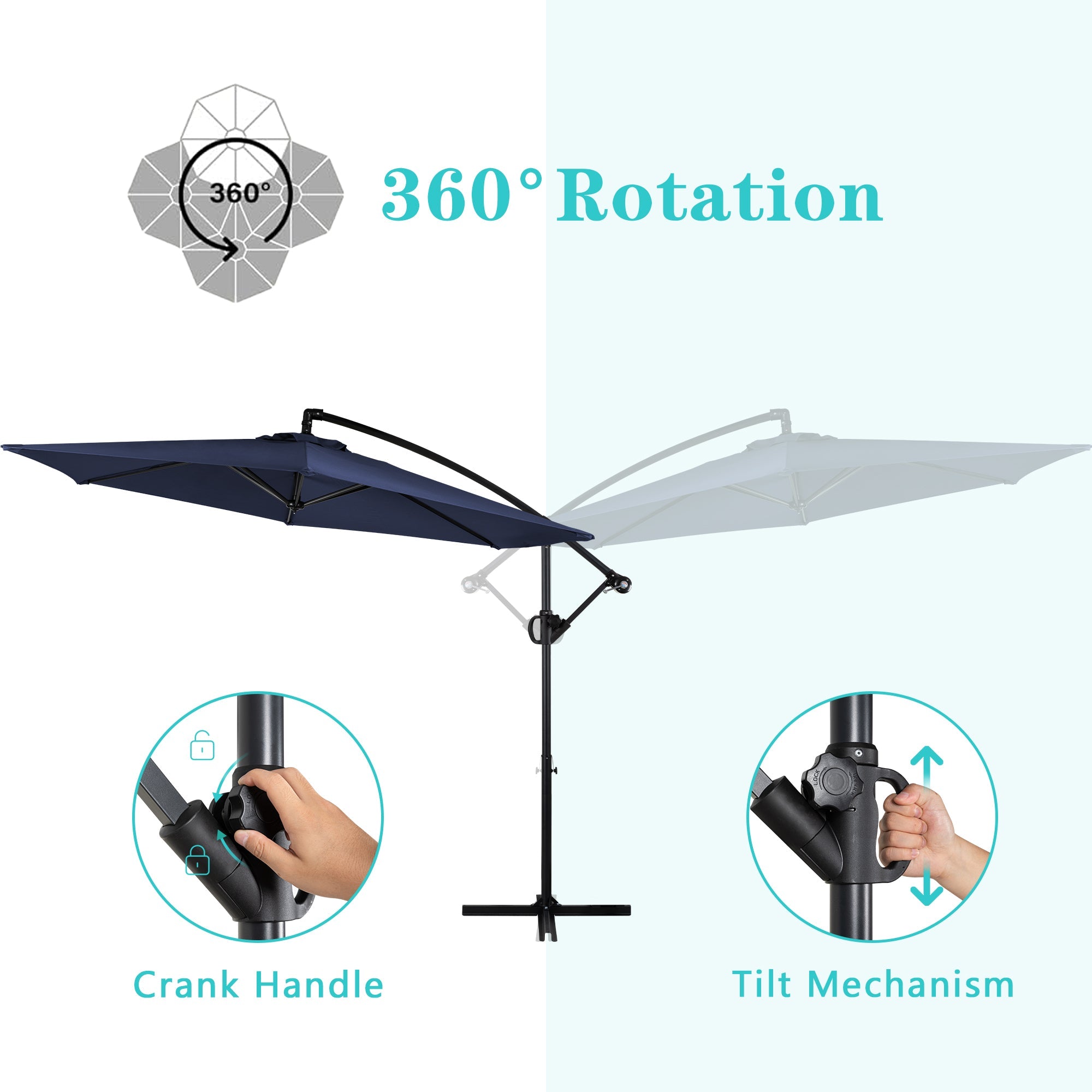 Walsunny Patio Offset Umbrella Easy Tilt Adjustment,Crank and Cross Base, Outdoor Cantilever Hanging Umbrella with 8 Ribs (7504185786544)