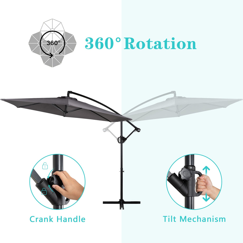 Walsunny Patio Offset Umbrella Easy Tilt Adjustment,Crank and Cross Base, Outdoor Cantilever Hanging Umbrella with 8 Ribs (7504185786544)